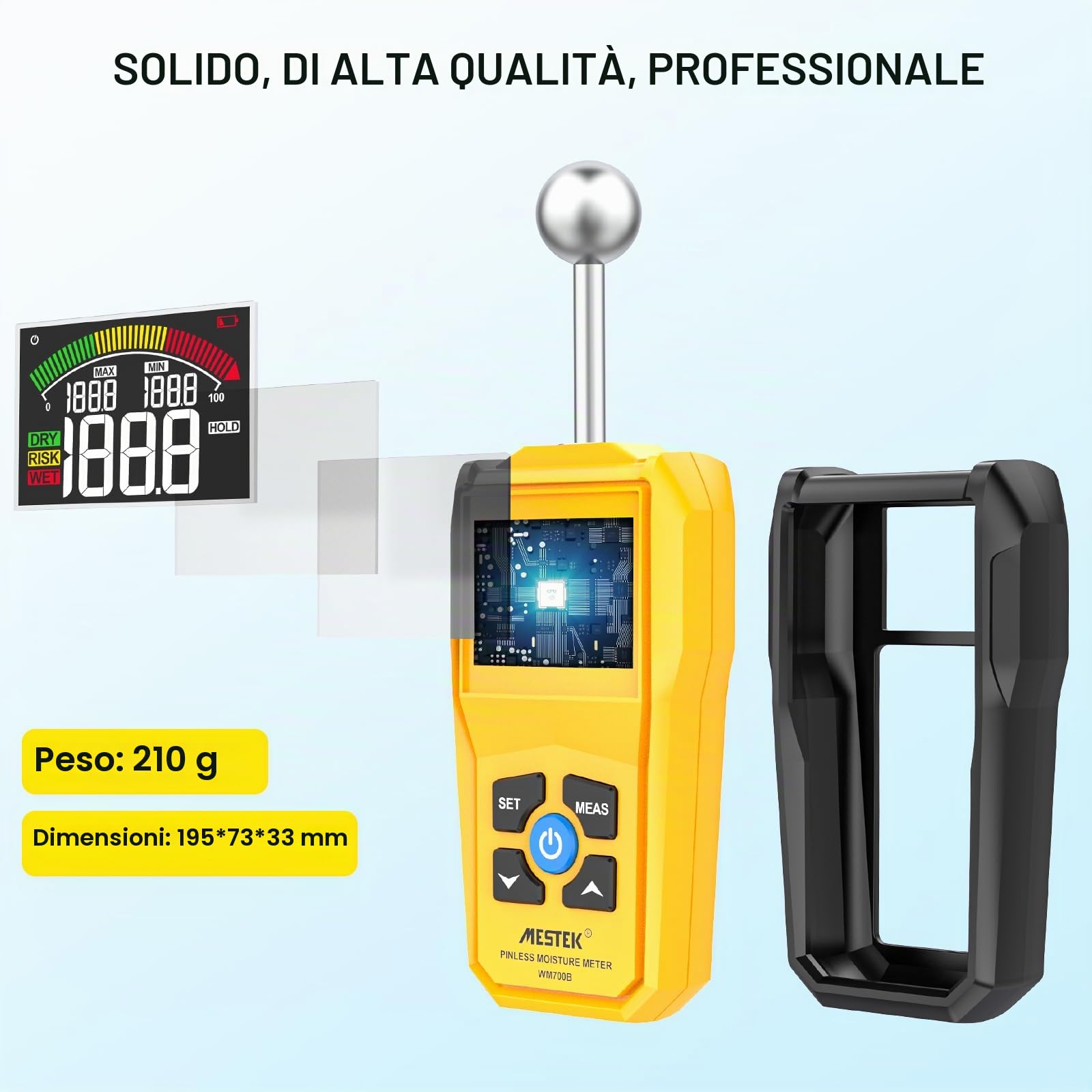 Misuratore di Umidità MESTEK Indicatore di Umidità 20-40mm Rivelatore di Umidità Igrometro Senza Ago Digitale LCD Display Allarme per Legni, Parete, Pavimenti, Legno, Gesso, con Batteria, Giallo