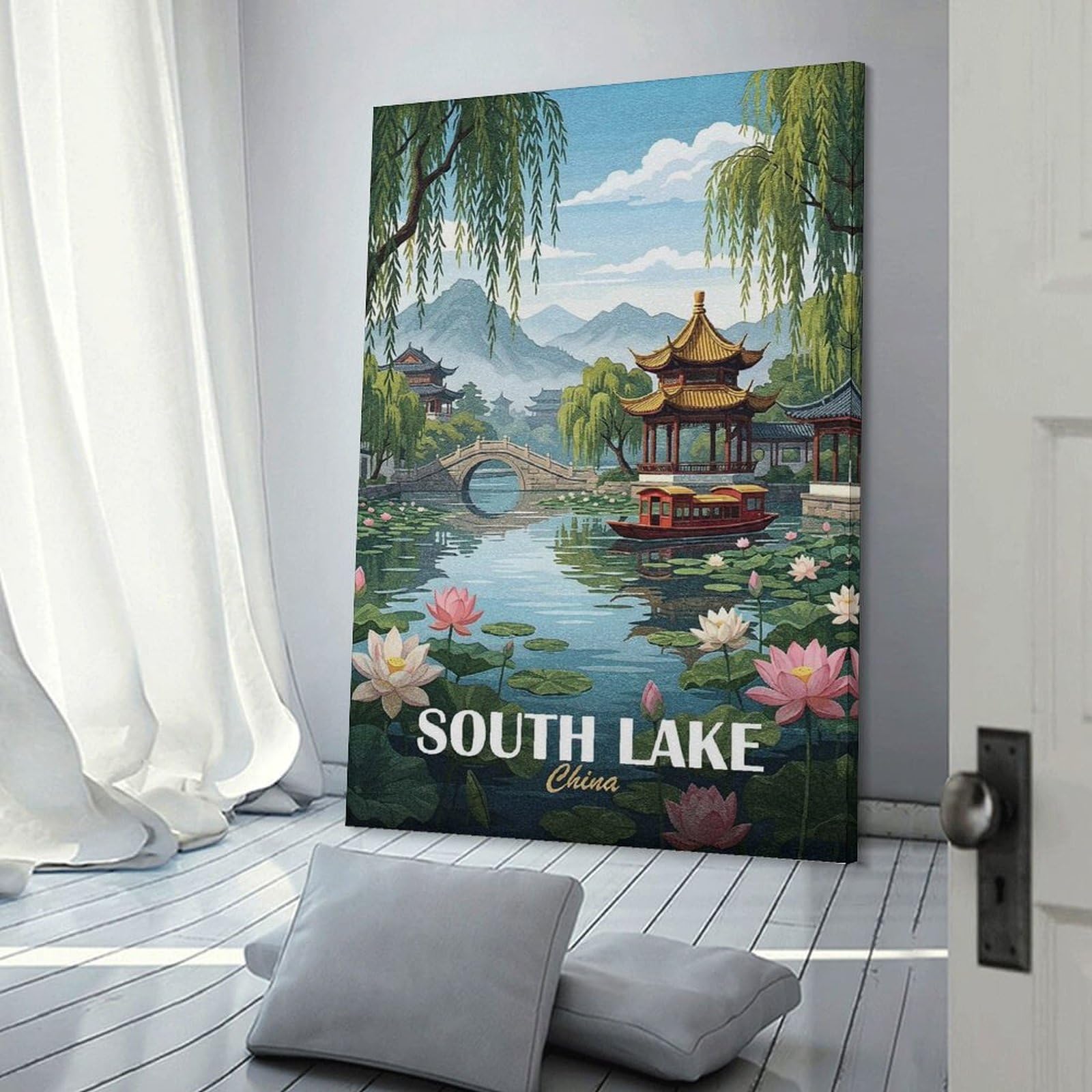 Junmoney Frame-Style-24 South Lake China Travel Wall Picture Print, 24X36inch(60X90cm), For New Homes, Bedrooms Or Workspaces, Thoughtful Wall Decor For Art Lovers