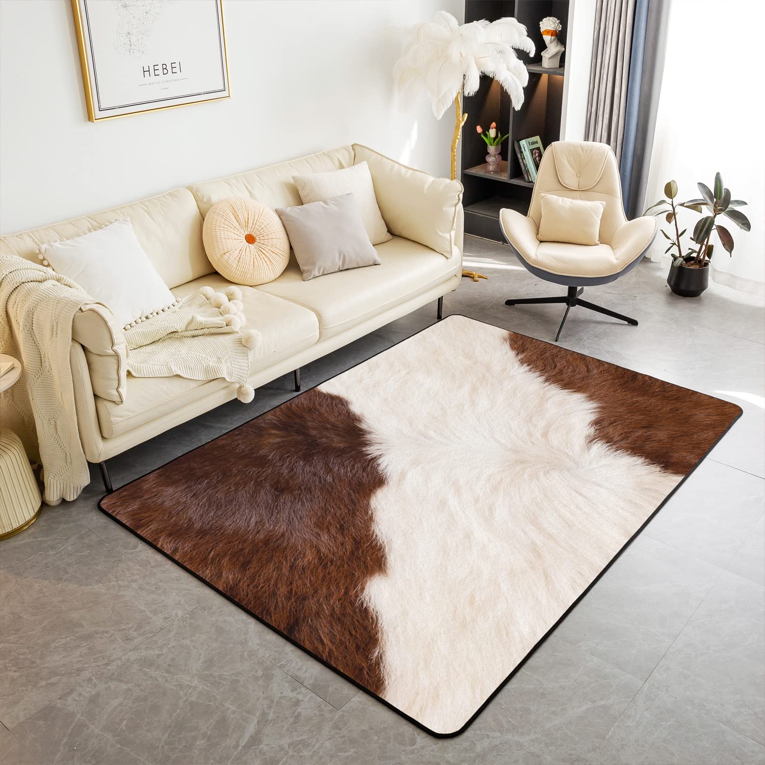 Loussiesd Alfombra de piel de vaca para sala de estar, dormitorio, animal de granja occidental, color marrón y blanco, 150 x 200 cm