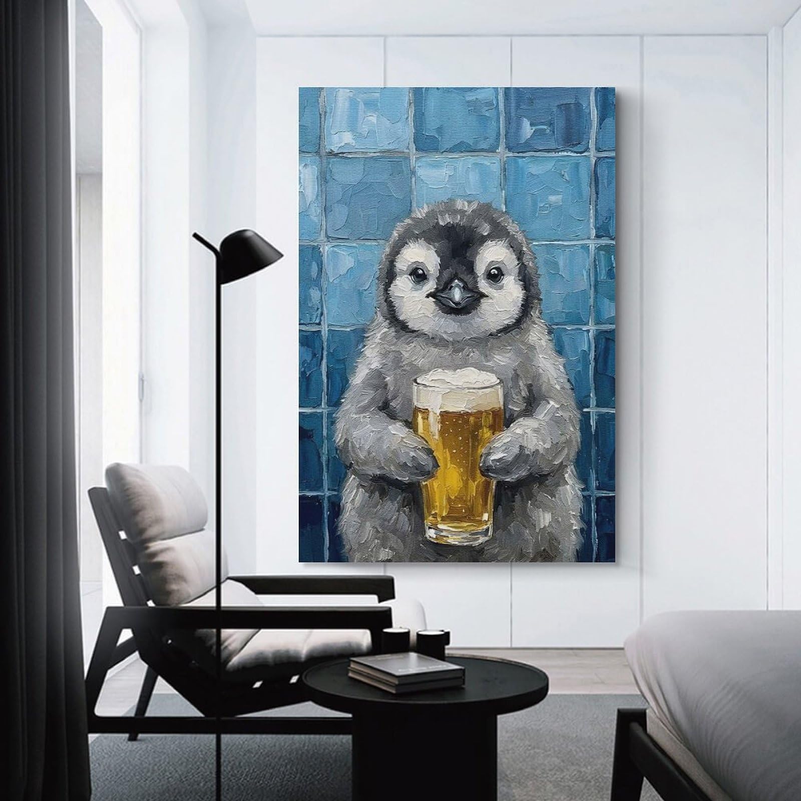 Junmoney Penguin with Beer Painting Home Decor Wall Art 12x18inch(30x45cm), for Hallway, Bedroom Or Modern Interiors, Canvas Artwork with Gifting Potential