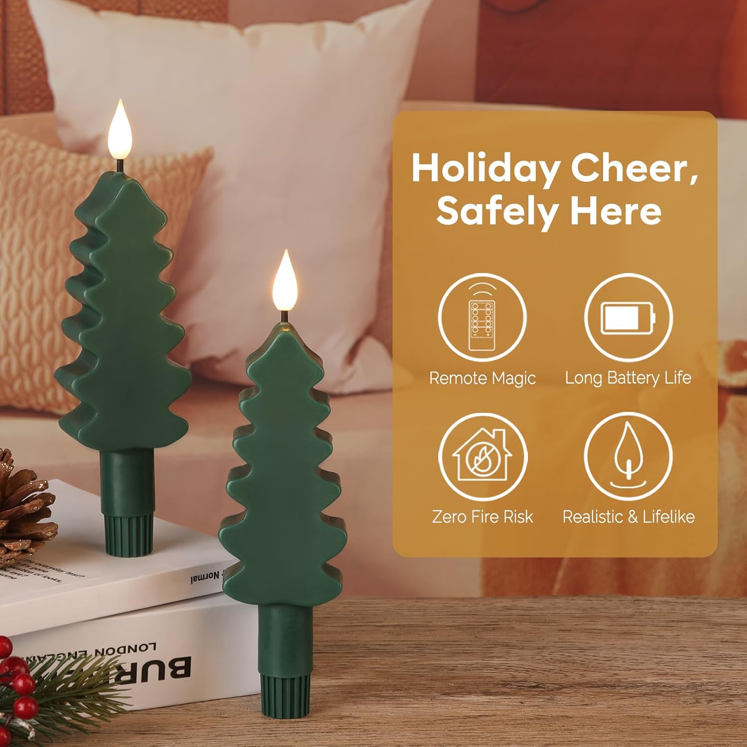Eywamage Green Christmas Tree Flameless Taper Candles with Remote, Short Battery LED Wax Candlesticks Holiday Decor Set of 4
