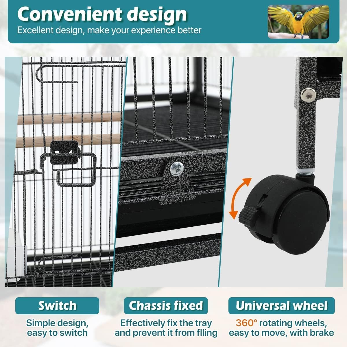 35 Inch Bird Cage with Stand Parrot Cage for Large Birds Parakeet Cages Wrought Iron Parakeet Birdcage with Play Open Top, Bottom Tray, 2 Feeders for Parakeets, Canary, Cockatiel