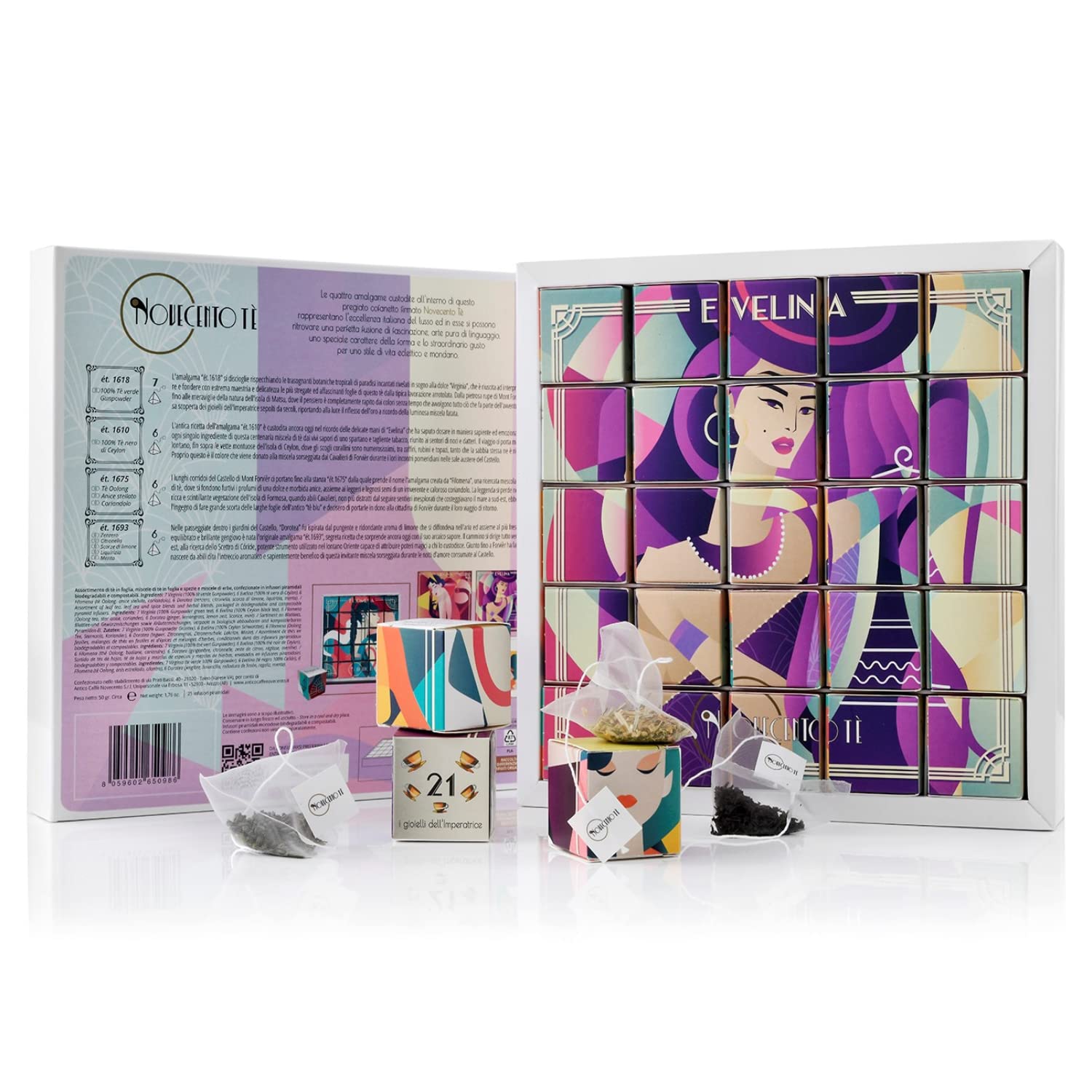 Novecento Tè Evelina - Confezione regalo per tisane, tisane assortite, 4 gusti: tè nero, tè oolong, tè verde, infuso di citronella, 25 infusi per infusione, confezione regalo per tè