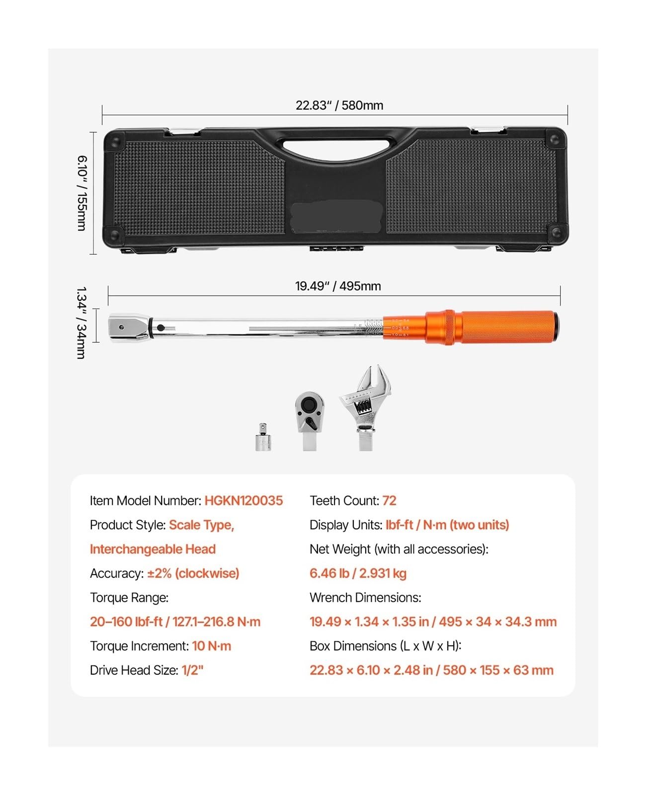 Telescopic Ratchet Regulowany klucz dynamometryczny typu Click Napęd 1/2 cala 20–160 lbf-ft ​​Wagi dwukierunkowe i dwuzakresowe z adapterem klucz dynamometryczny