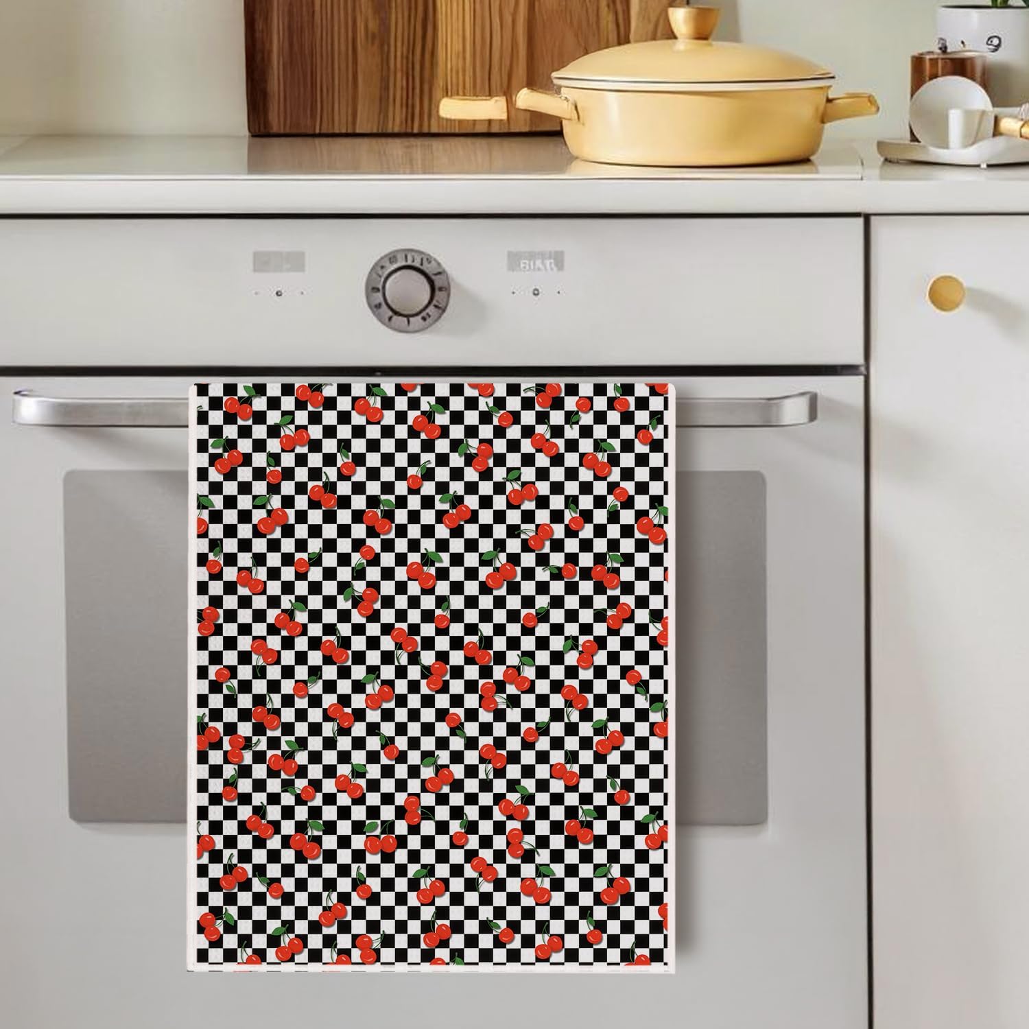 Black and White Checkered Cherry Kitchen Towels, Cherry Gifts Dish Tea Towels, Retro Trendy Checkerboard Cherries Fruit Decorative Hand Towel for Kitchen Bathroom, 16x24 Inch - Image 5