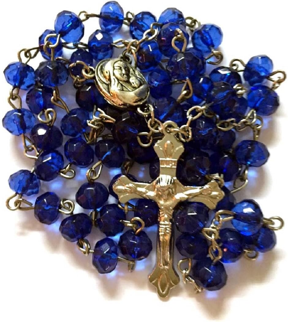 Glass Crystal Beads Rosary with Holy Soil Silver Crucifix (Pink, Red, Green, Purple, Light Blue, Dark Blue, Black, Clear, Blue) (Blue)