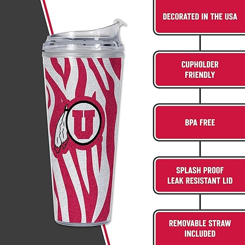 Miniatura 239 de Rico Industries NCAA - Vaso de acrílico con purpurina de 24 onzas con tapa con bisagras, vaso de doble pared con licencia oficial y popote Brillo