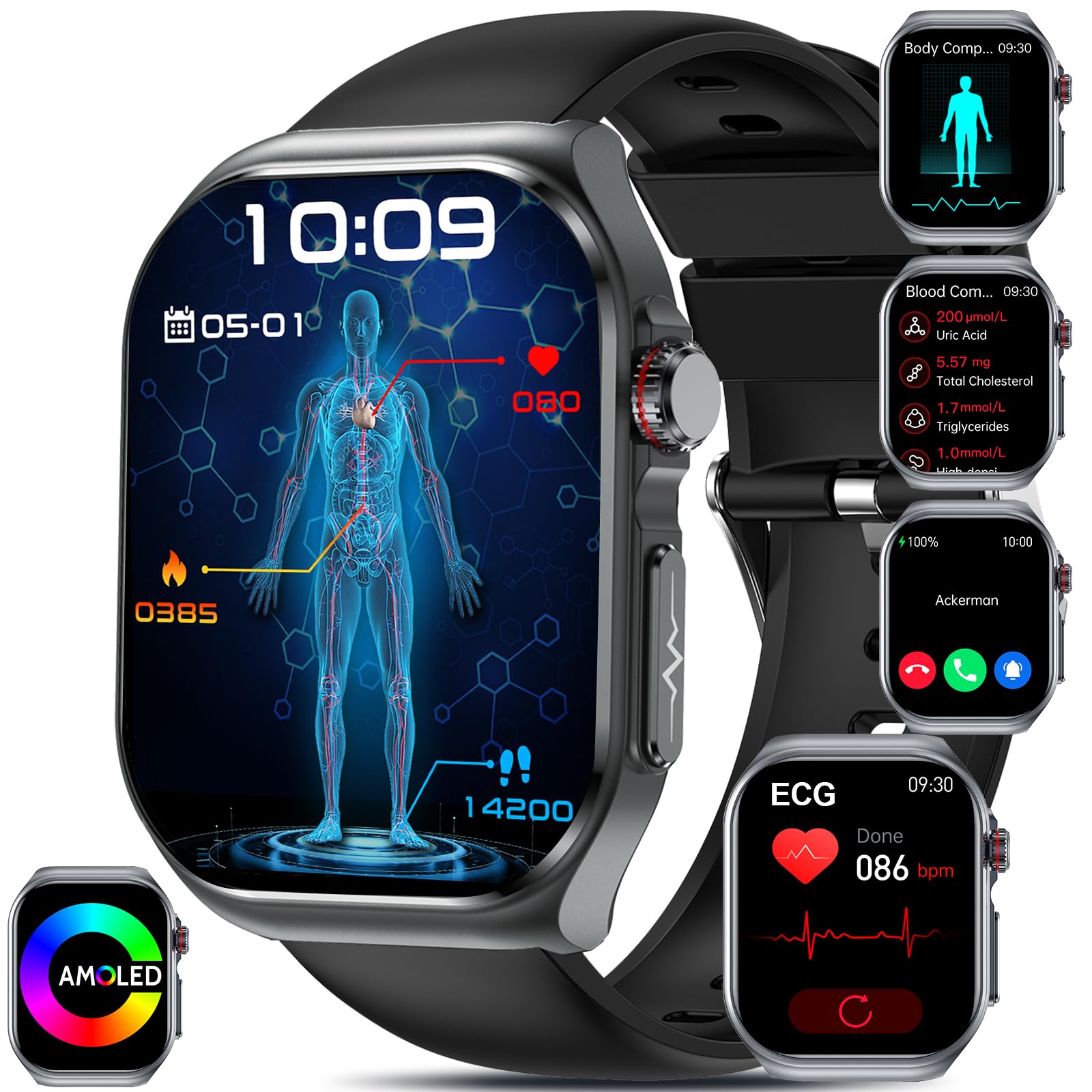 YYKY 2024 ECG+HRV Reloj Inteligente con 𝐆𝐥𝐮𝐜𝐞𝐦𝐢𝐚/BMI/Ácido Úrico/Lípidos, 2.04" AMOLED Smartwatch con Fatiga/Emociones, 24/7 Presión Arterial, SpO2, PPG, Sueño para Android iOS