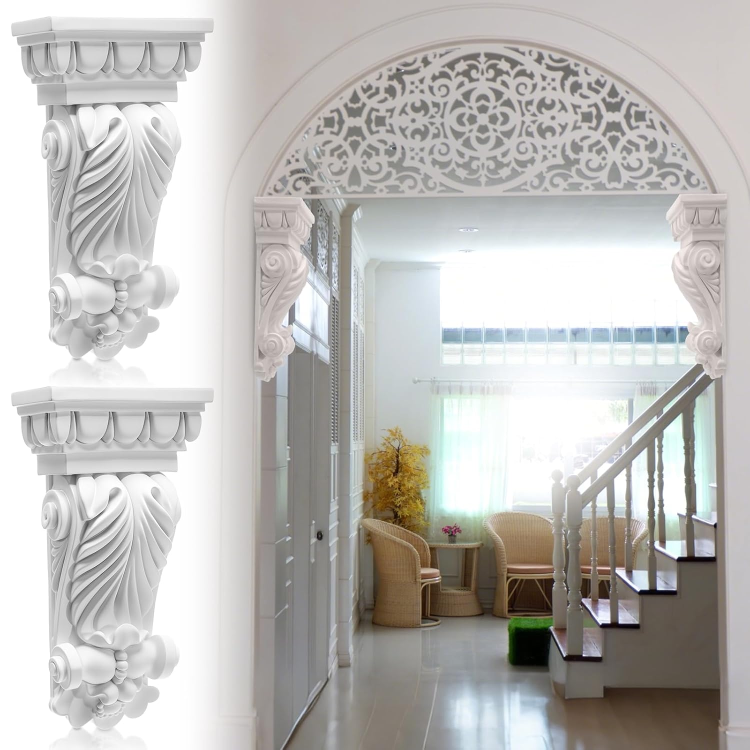 Weysat 2 Pcs Corbels for Doorway Decorative Corbel Shelf Bracket Countertops Fireplace Carved Applique Accent Bracket Fireplace Mantel Support Porches Decorative Trim 2.7" D x 5. 1" W x 10" H