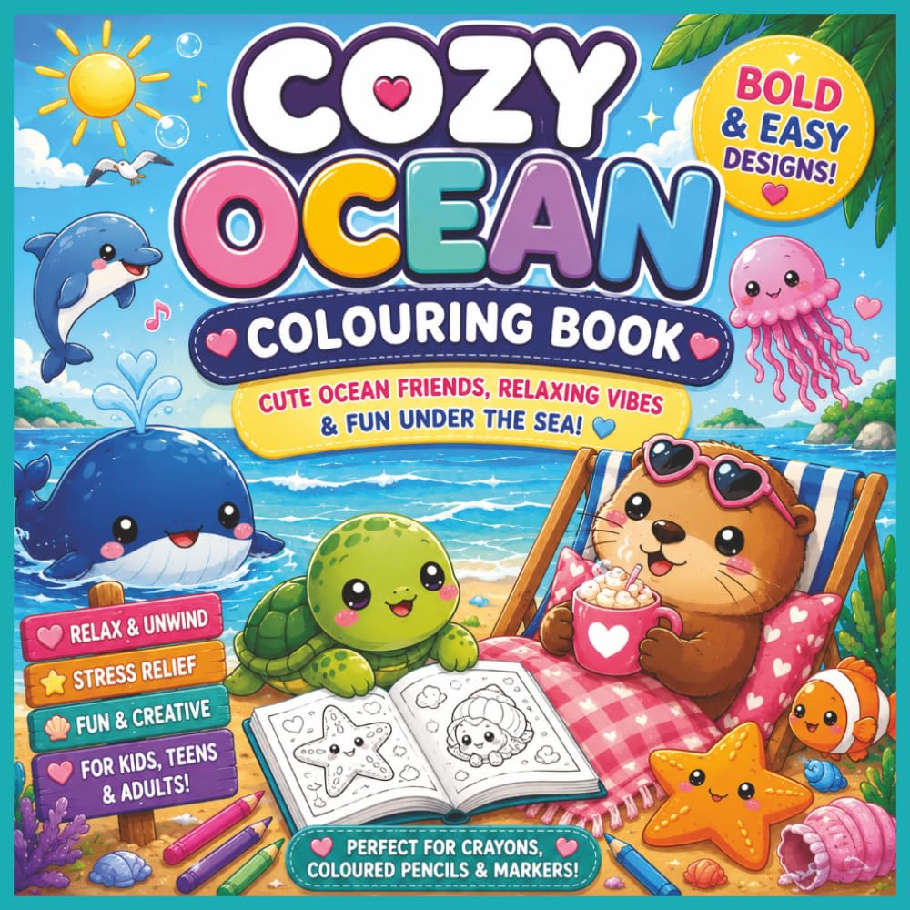 Cozy Ocean Colouring Book: Cute Ocean Friends, Relaxing Vibes & Bold Easy Colouring Fun for Kids, Teens & Adults
