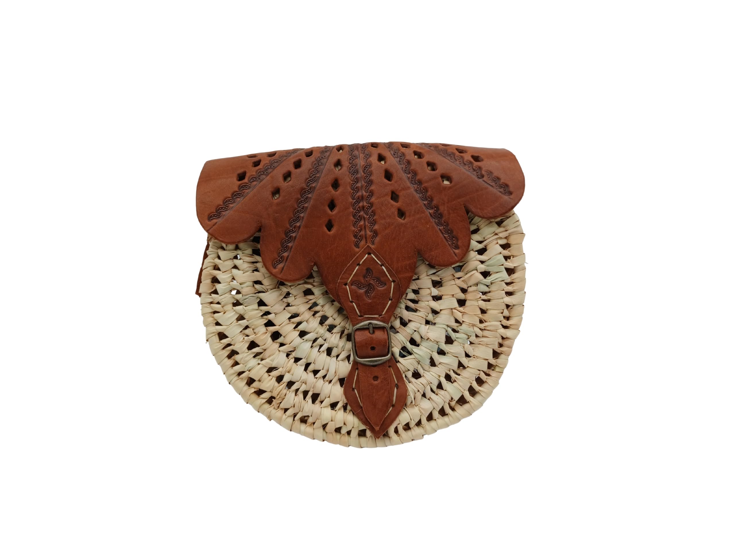 Bolso de Mano Bohemio de Hoja de Palma, Solapa de Cuero, 22x22cm, Beige y Marrón, Asa Larga, Estilo Ratán