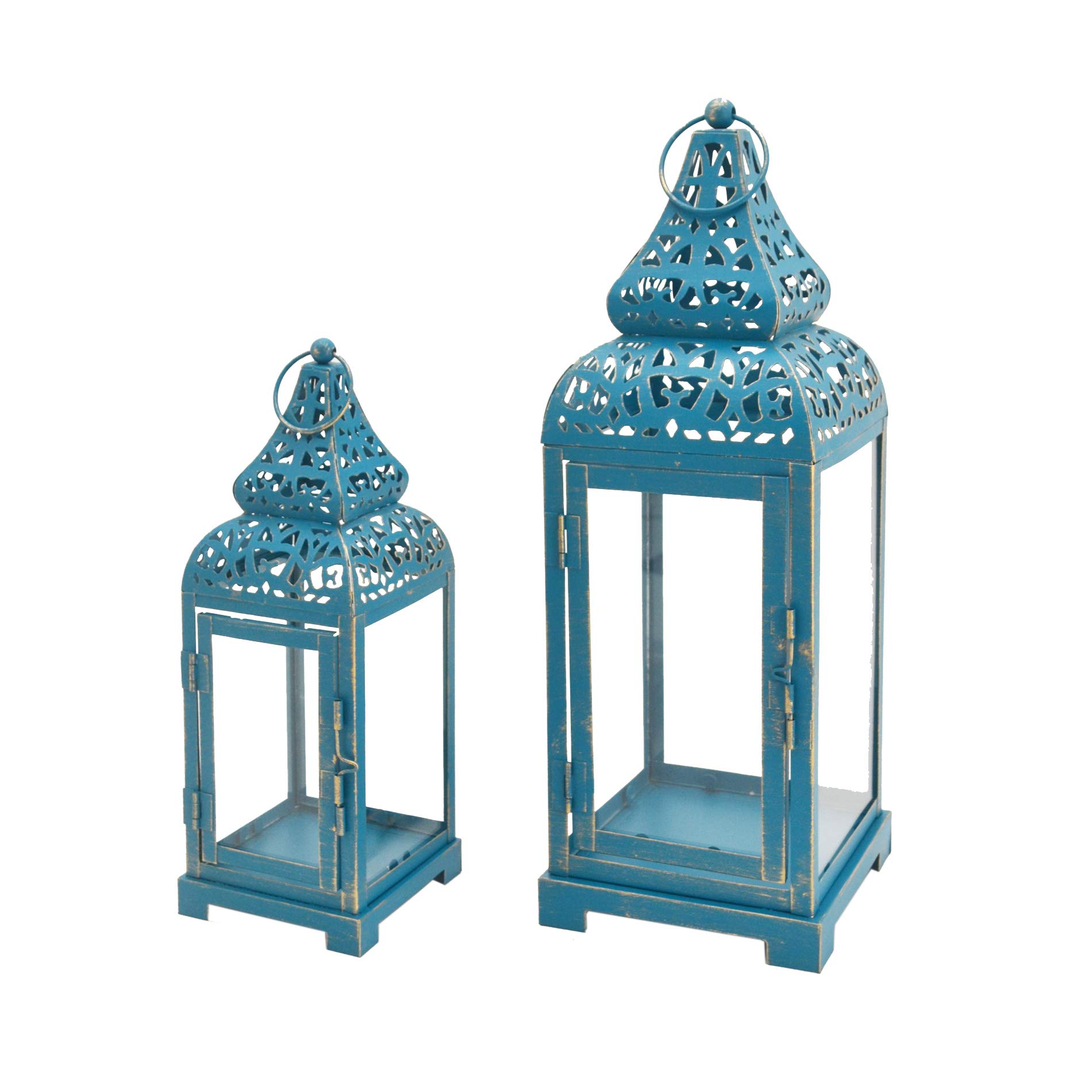 Rebecca Mobili Linternas Portavelas Decorativas Étnicas, Metálico PVC, Oro Azul, para Eventos Bodas Mobiliario del Hogar - Medidas: 39 x 14,5 x 14,5 cm - Art. RE6549