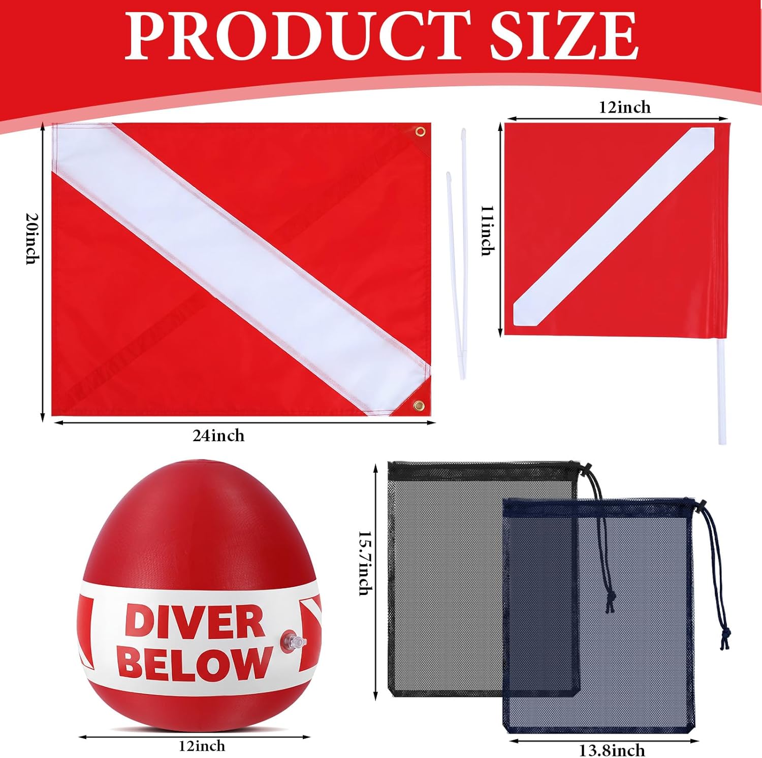 Dive Flag Float Mesh Drawstring Bag Set Inflatable Signal Floater with Dive Flag for Snorkeling Water Sport Signaling Swimming Boating Fishing