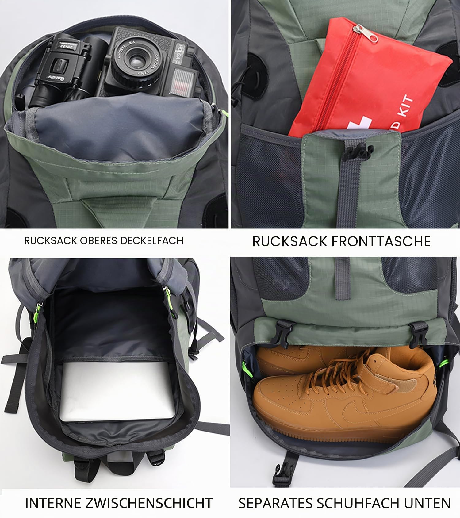Bseash 50L Leichter wasserfester Wanderrucksack, Outdoor Sport Tagesrucksack Multifunktions Reisetasche für Klettern Camping Reisen (Armeegrün – mit Schuhfach)
