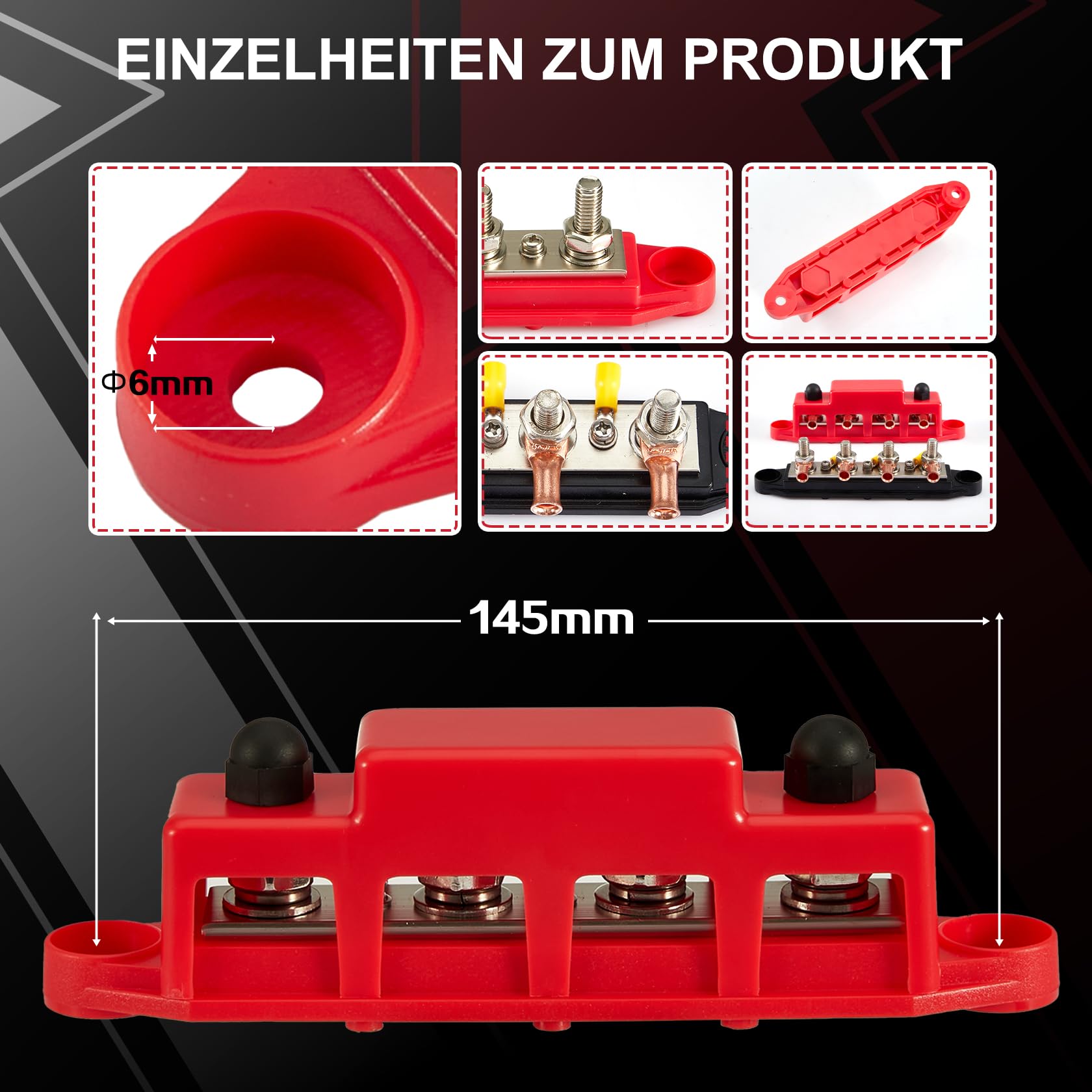 Pindex Sammelschienen Verteilerblock 250AMP DC 12V-48V mit 4 x M8 Klemmenbolzen für Wohnmobile, Schiffe, Yachten, Auto, LKW