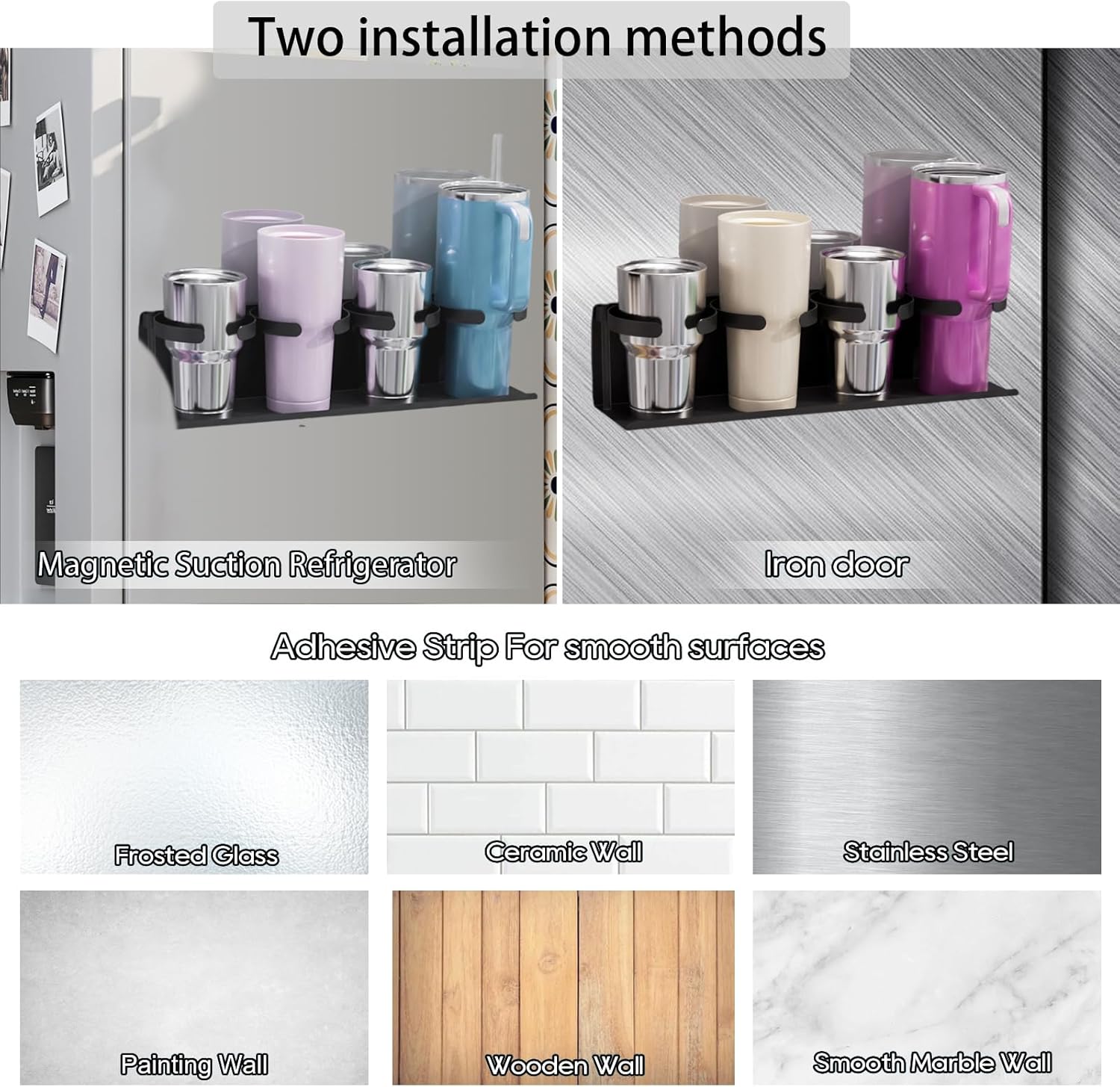 2Pcs Magnetic Water Bottle Organizer Compatible with Stanley 20 &30 &40oz Cups Magnetic Cup Holder for Fridge Tumbler Holder Kitchen Cup Storage Rack Magnetic Or Adhesive Mounting