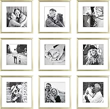 ArtbyHannah 12x12 Gold Square Picture Frame Set, Gallery Wall Art Decorative Wall Hanging-Made to Display Photo 12x12 without mat and 8x8 with Mat, 9 Pack