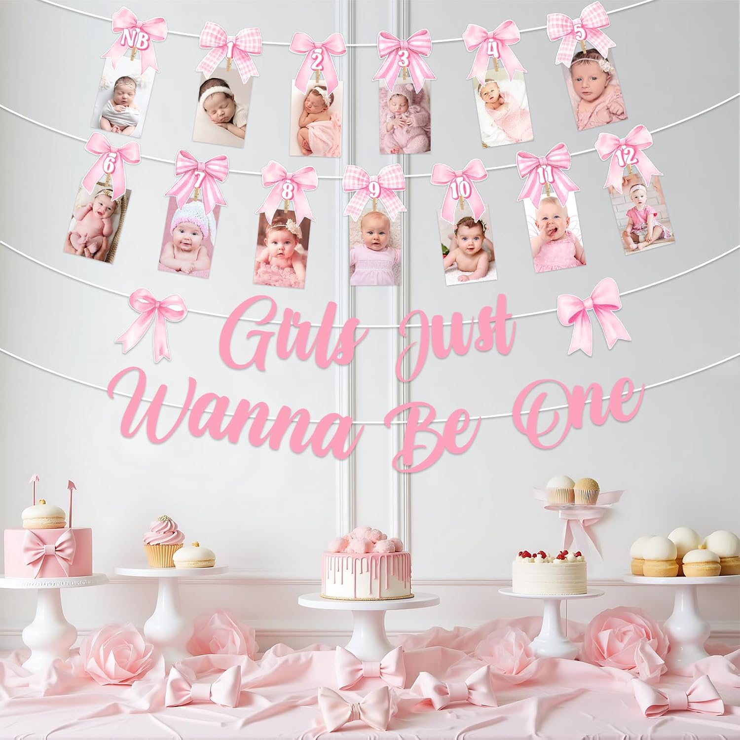 Pink Bow 1st Birthday Decorations Girls Just Wanna Be One Banner Monthly NB to 12 Month Photo Banner with Adhesive Clips for Bow Tie First Birthday Party Decoration image 3