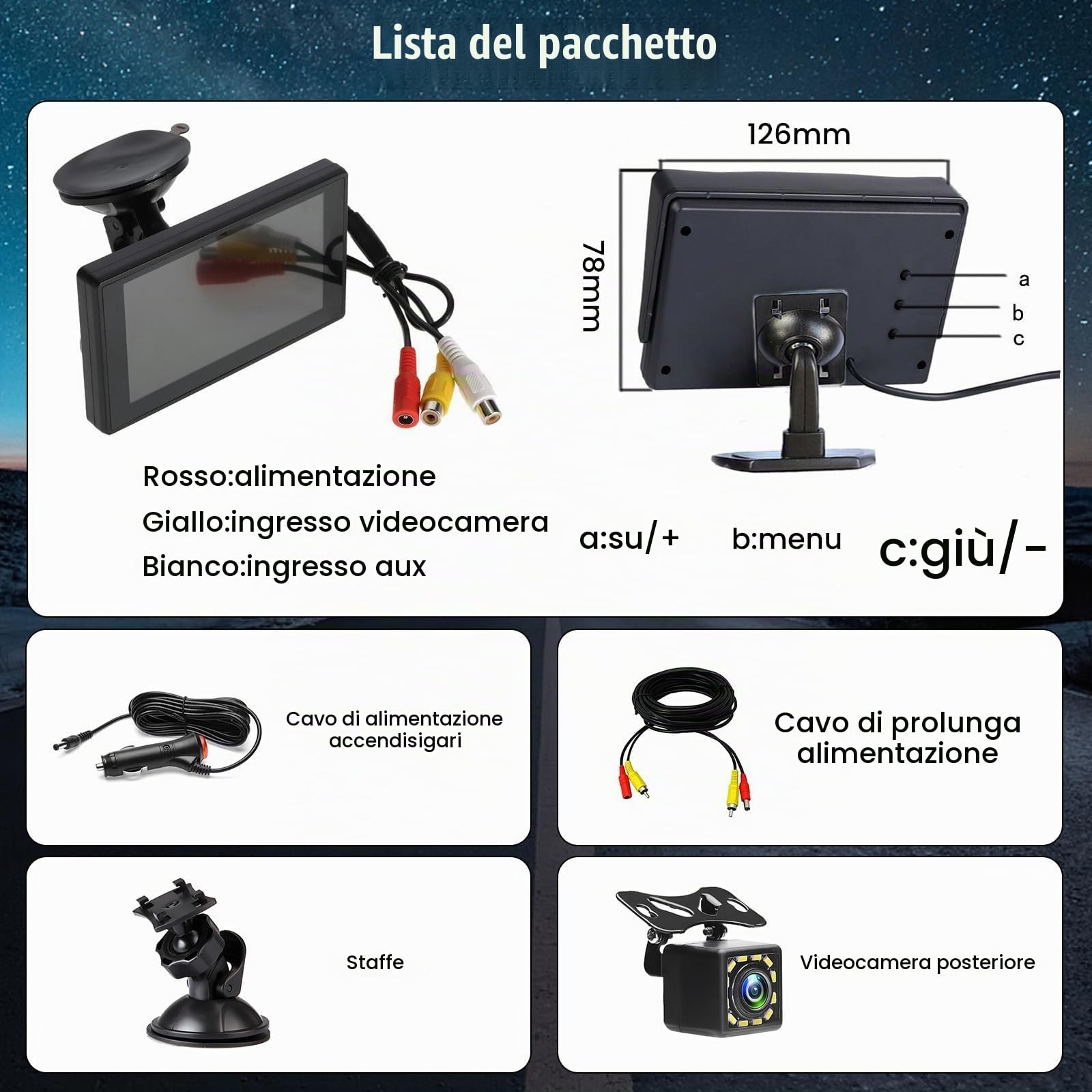 4.3" Telecamera di Retromarcia Auto con LCD Monitor per RV SUV Pickups LKW | Telecamera di Retromarcia Kit con Visione Notturna IP66 Impermeabile con 33FT Cavo 12LED Impermeabile Cablata