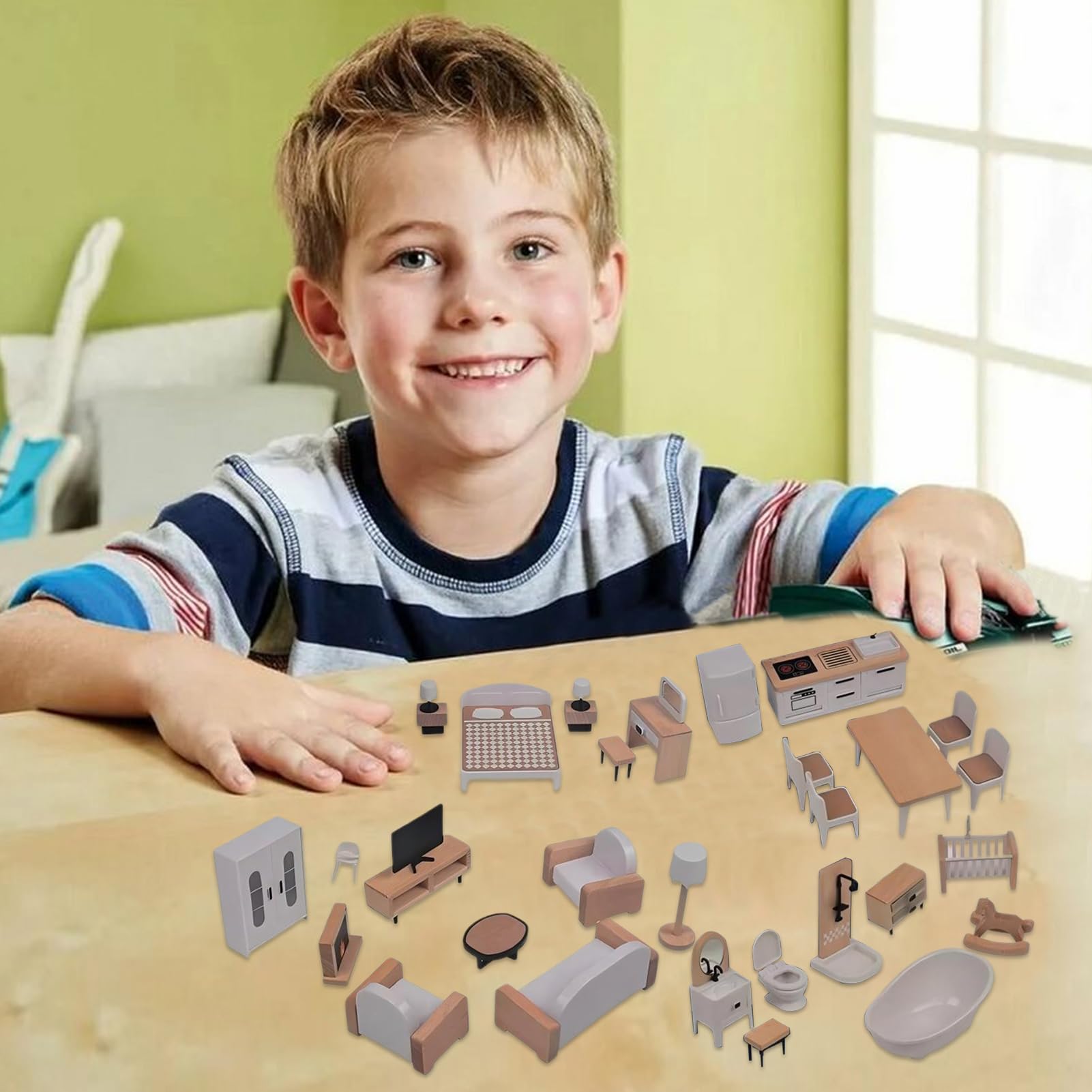 Drewniane Meble do Domku dla Lalek Realistyczne Miniaturowe Wyposażenie | Interaktywna Zabawka Meblowa do Użytku Domowego Przedszkola Żłobka Podróży i Przyjęć