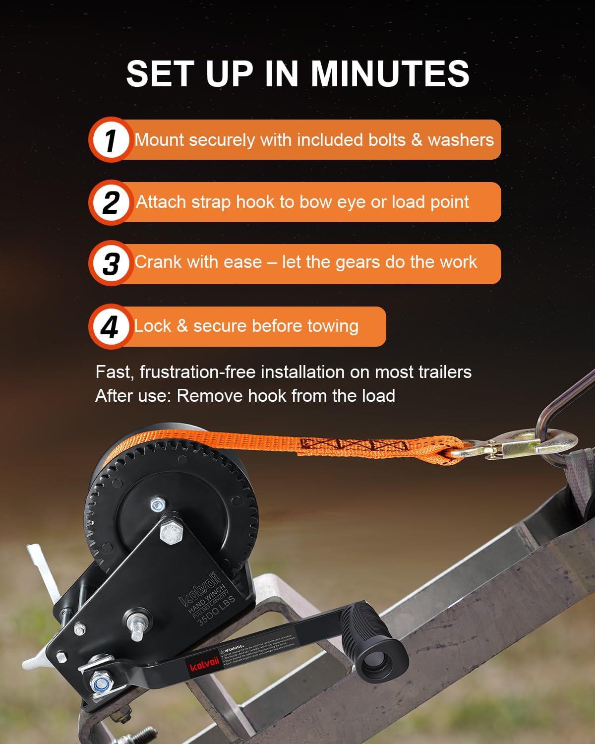 Kolvoii 3500 lbs Boat Trailer Winch with Strap, Heavy Duty Hand Winch, 2-Way Ratchet 4:1/8:1 Gear Ratio for Boat, Trailer, Marine and Jet Ski, 33FT Strap, Orange