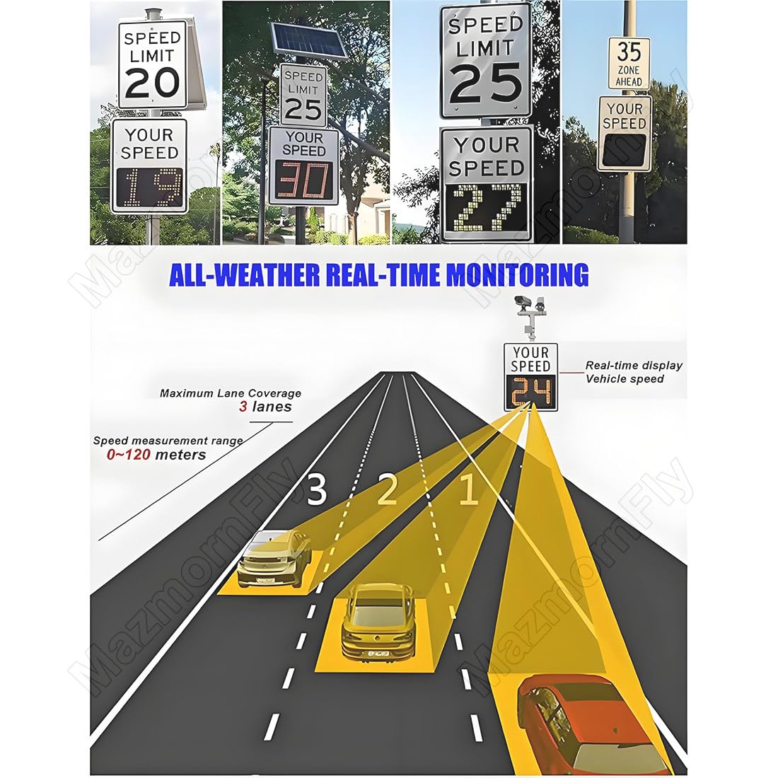 50x70cm/60x90cm Señal Trafico Radar Control Velocidad, Energía Solar LED Intermitente Cartel Control Velocidad Indicador De Velocidad, Kilometraje/Millas Ajustables 20''X27''