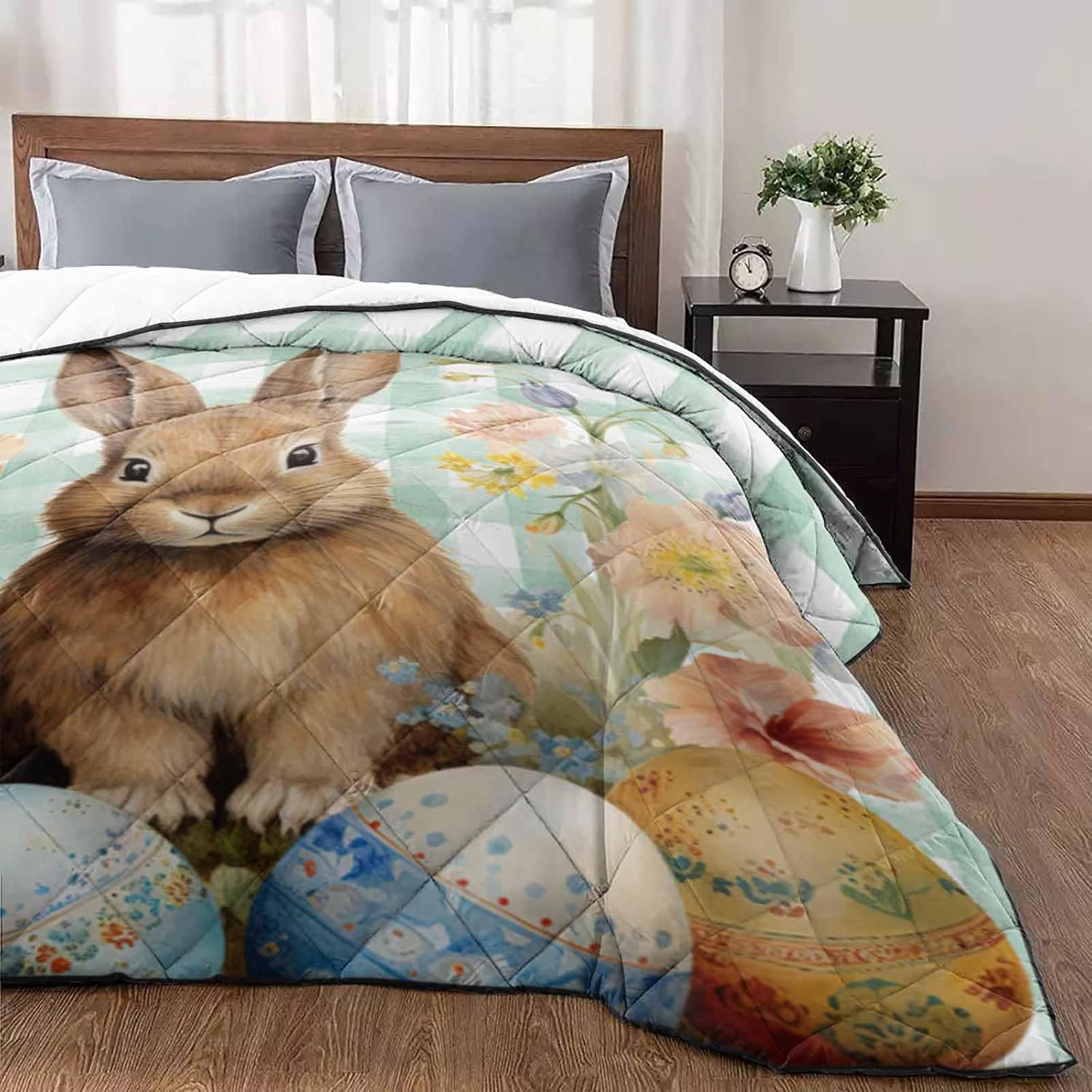 T&H XHome Quilt Full Size Luxury Quilted Comforter Bedspread-Thin Soft Cozy, Easter Bunny Rabbit Eggs Flowers Green Plaid Reversible Stitched Lightweight Quilt Coverlet for All Season