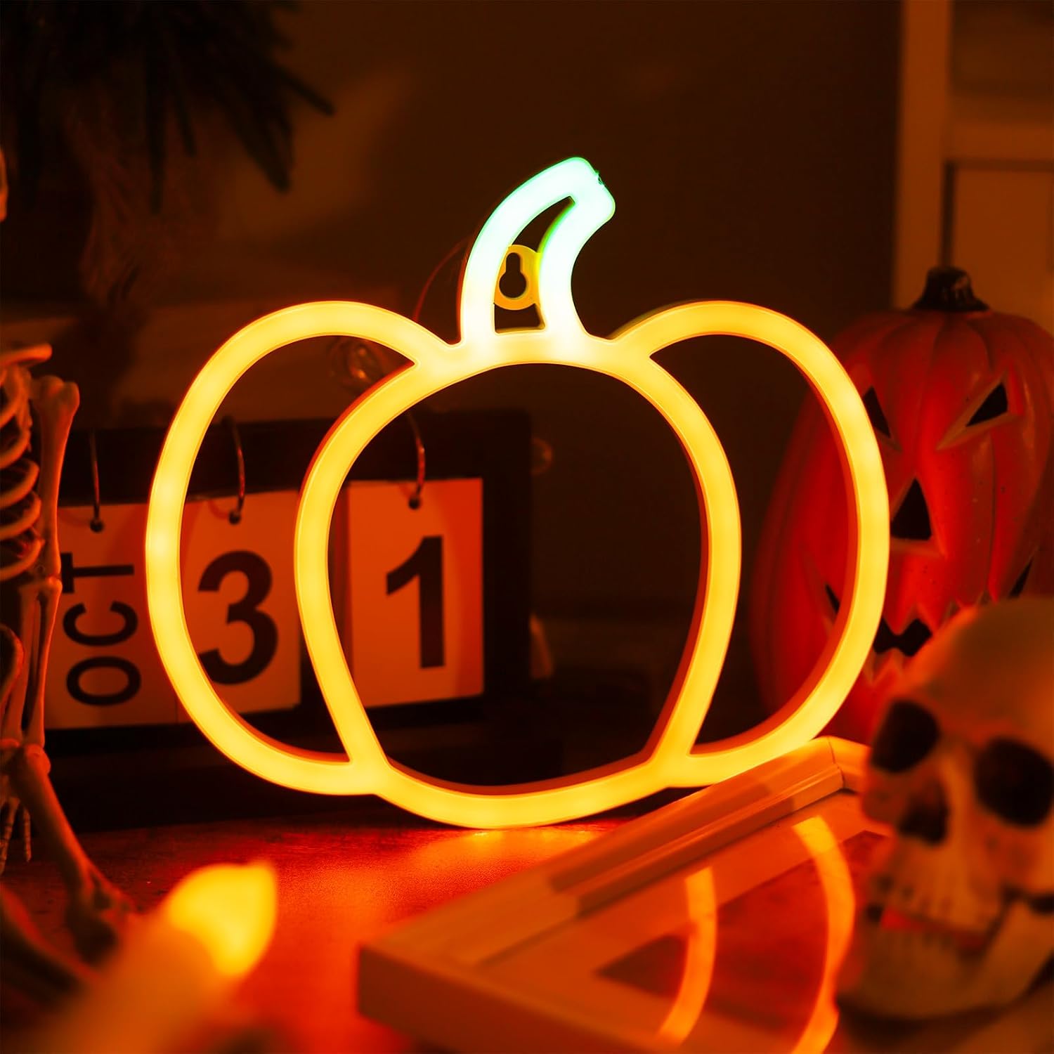 Halloween Fall Decorations Pumpkin Lights, Orange Green Neon Signs Lights, Battery Operated or USB, Indoor Cute Vintage Autumn Thanksgiving Decor for Gifts, Window, Room, Home, Table, Bedroom, Wall - Image 4