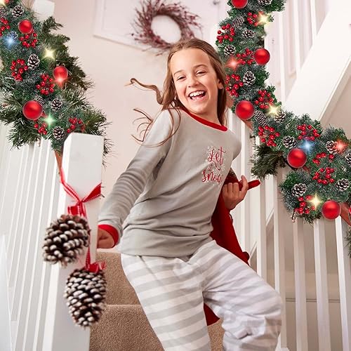 Miniatura 5 de 9 FT LED Christmas Garland with Pine Cones Red Berries Christmas Balls Pine Tips Artificial Christmas Garland with 50 Coloured Lights 8 Lighting