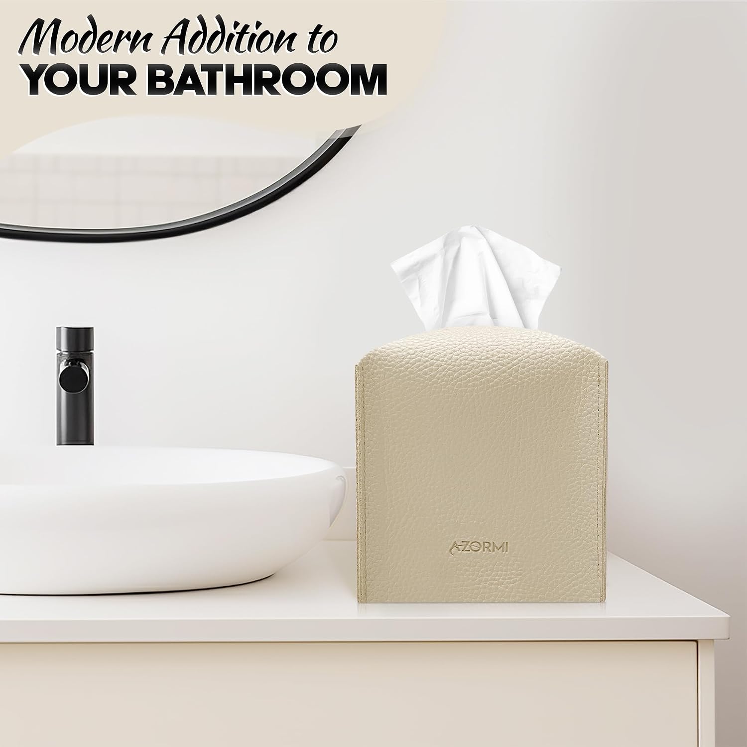 Tissue Box Cover Holder, PU Leather Tissue Box Cover Square with Bottom Belt, Cube Tissue Holder for Bathroom, Modern Organizer for Car, Office, Tabletop (Beige, 14 Leather Patterns)