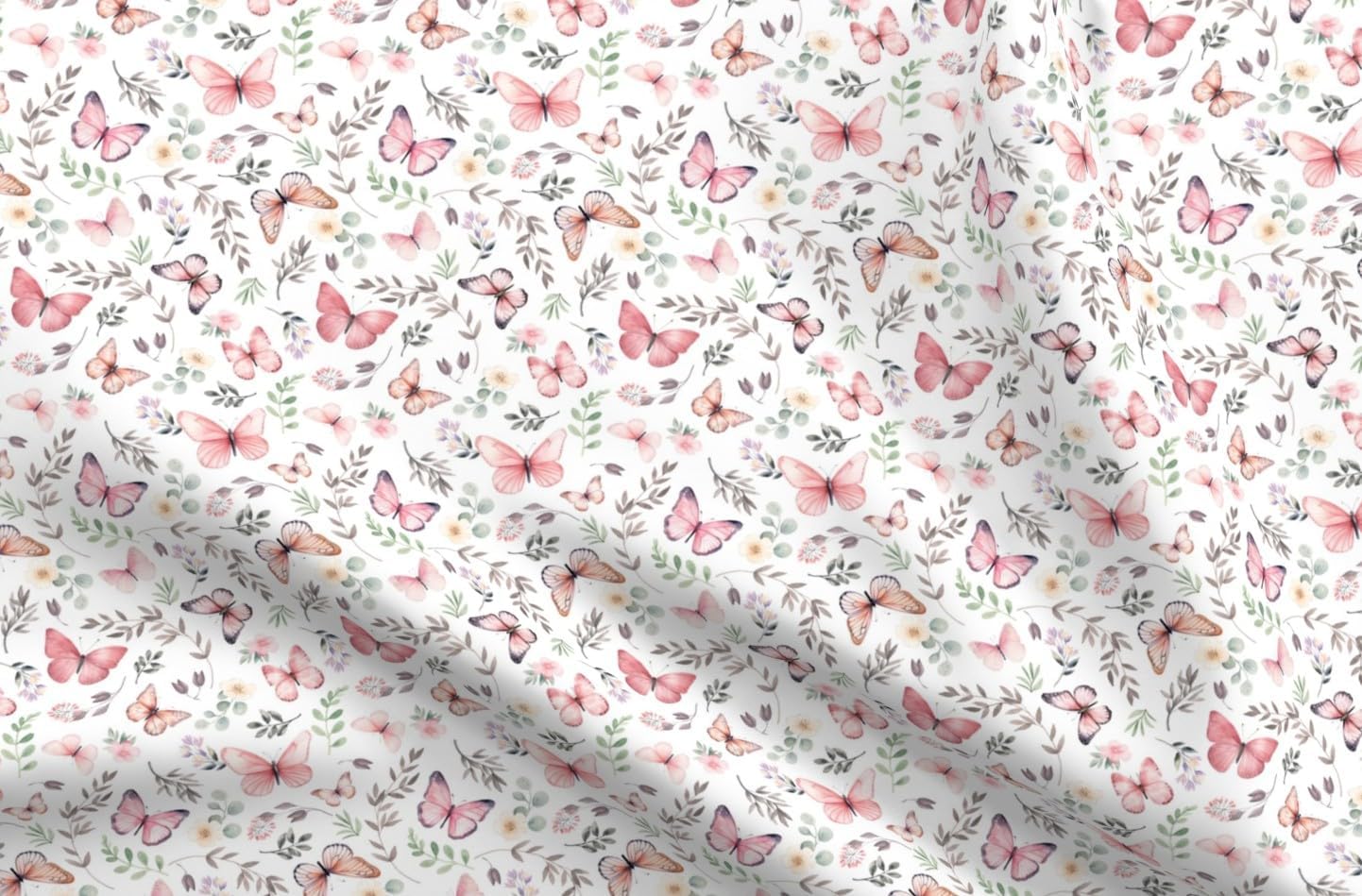 Spoonflower Fabric - Pink Butterflies Small Scale Spring Garden Floral Feminine Nursery Printed on Petal Cotton Fabric Fat Quarter - Sewing Quilting Apparel Crafts Decor