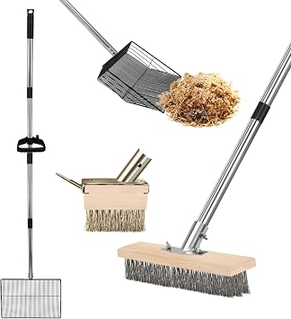 Crack Weeder Brush Heavy Duty Wire Broom Set Bundle with 15-inch Large Chicken Poop Scooper with Adjustable Ergonomic Labor-Saving Handle
