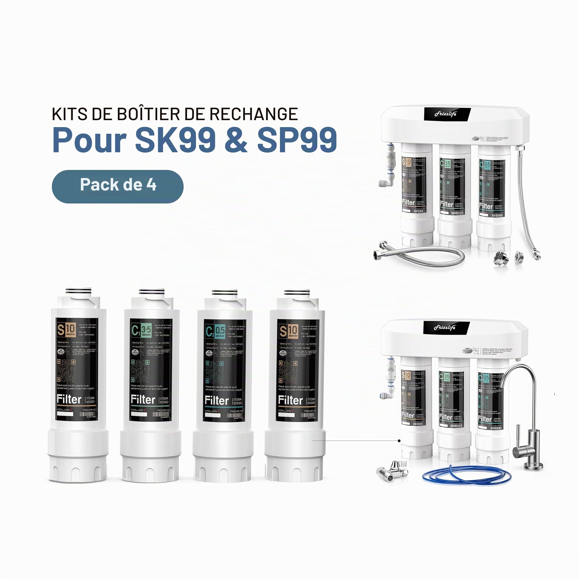 Frizzlife SKP-HF Lot de 4 boîtiers de rechange avec cartouches filtrantes à l'intérieur pour système de filtre à eau sous évier SK99 et SP99