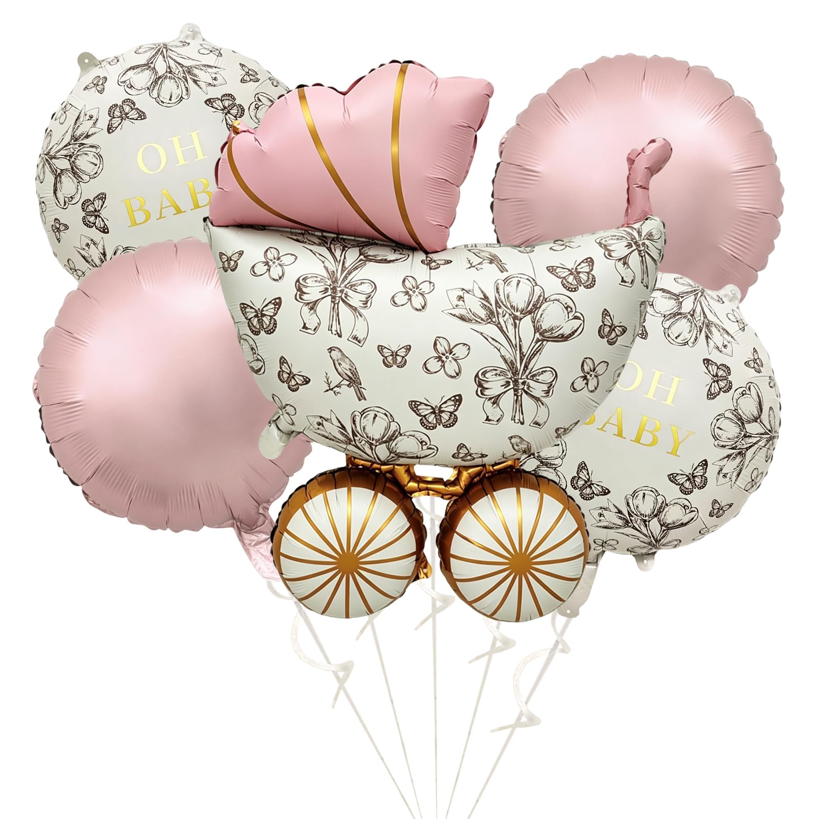 5pcs Oh Baby Foil Balloon Flower Motif Balloon Set Aluminum Foil Baby Stroller Balloons Round Balloons for Gender Reveal Party Decoration Birthdays Party Decoration