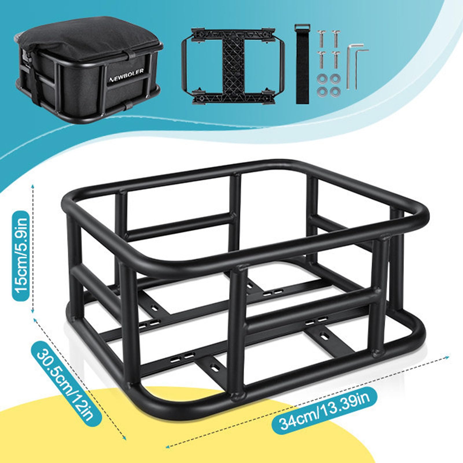 Cesta Portaequipajes para Bicicleta con Estructura de Acero, Funda Oxford Extraíble y Sistema de Desmontaje Rápido, para Compras, Desplazamientos y E-Bike,Small Basket