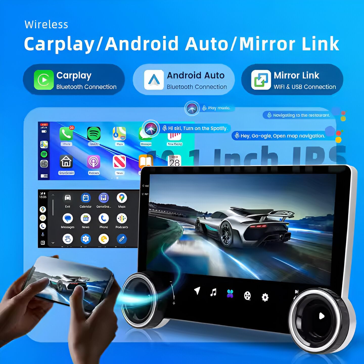 AudioTune Autoradio 10.1" Android 13-2 DIN Touchscreen QLED HD 1280x800, CarPlay Android Auto Wireless, WiFi 6, Bluetooth 5.4, GPS, FM/AM (RA-302)