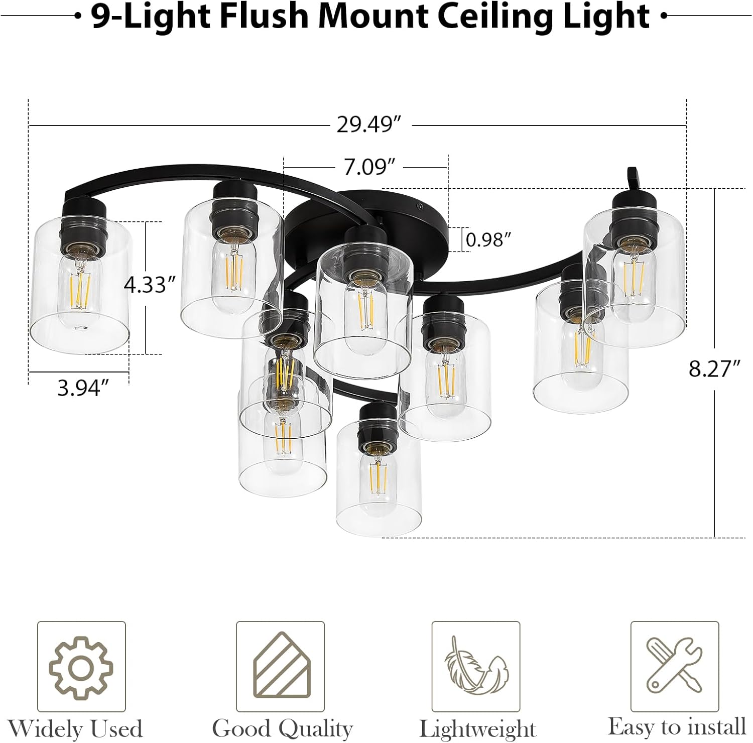 Semi Flush Mount Ceiling Light Fixtures, Black Kitchen Light Fixtures Ceiling Mount, 9 Light Industrial Ceiling Lights with Clear Glass Shade for Bedroom Hallway Living Room