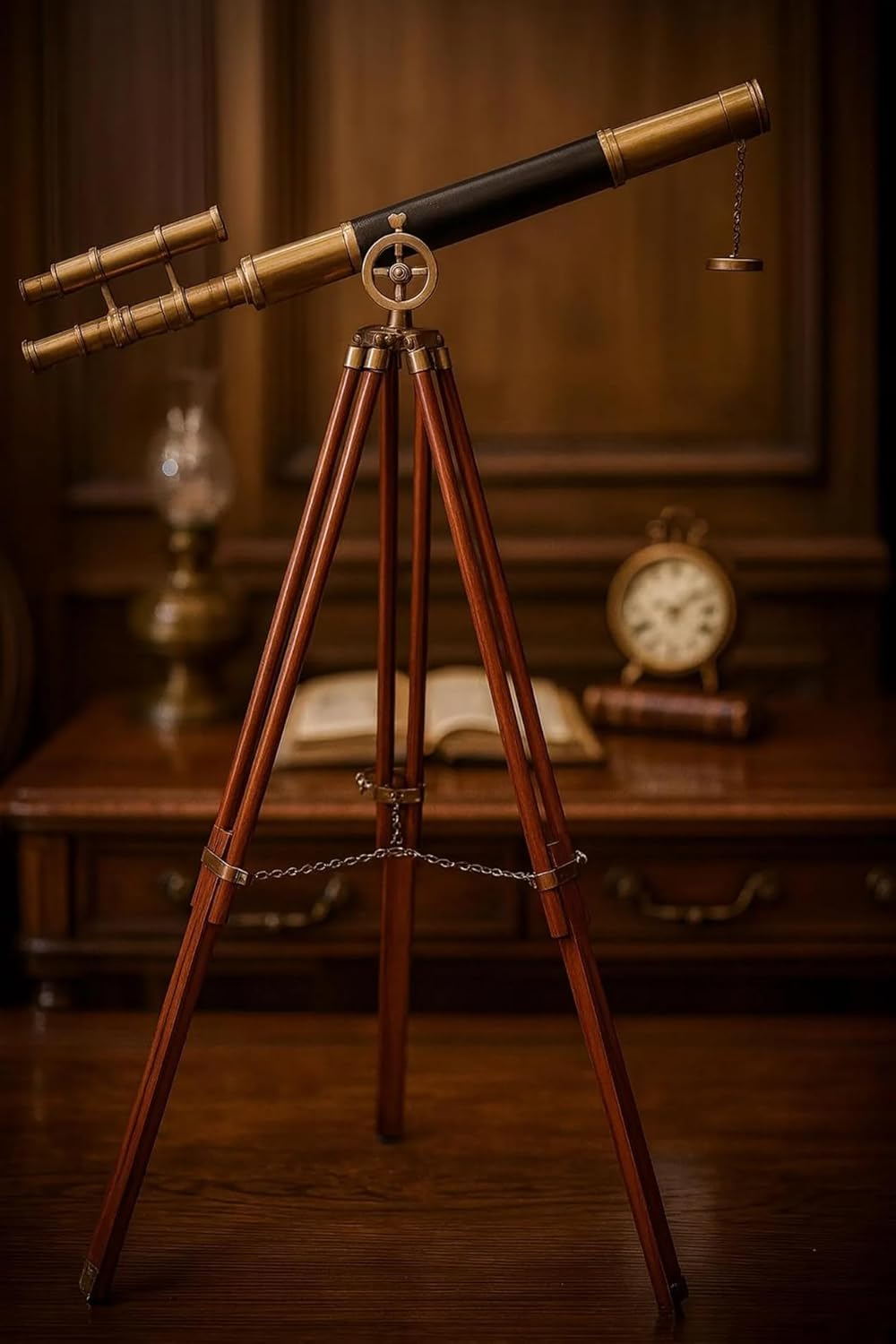 Vintage Brass Double Barrel Telescope with Wooden Tripod Stand – Antique Nautical Marine Spyglass Decor – Maritime Collector Gift for Home Office Library