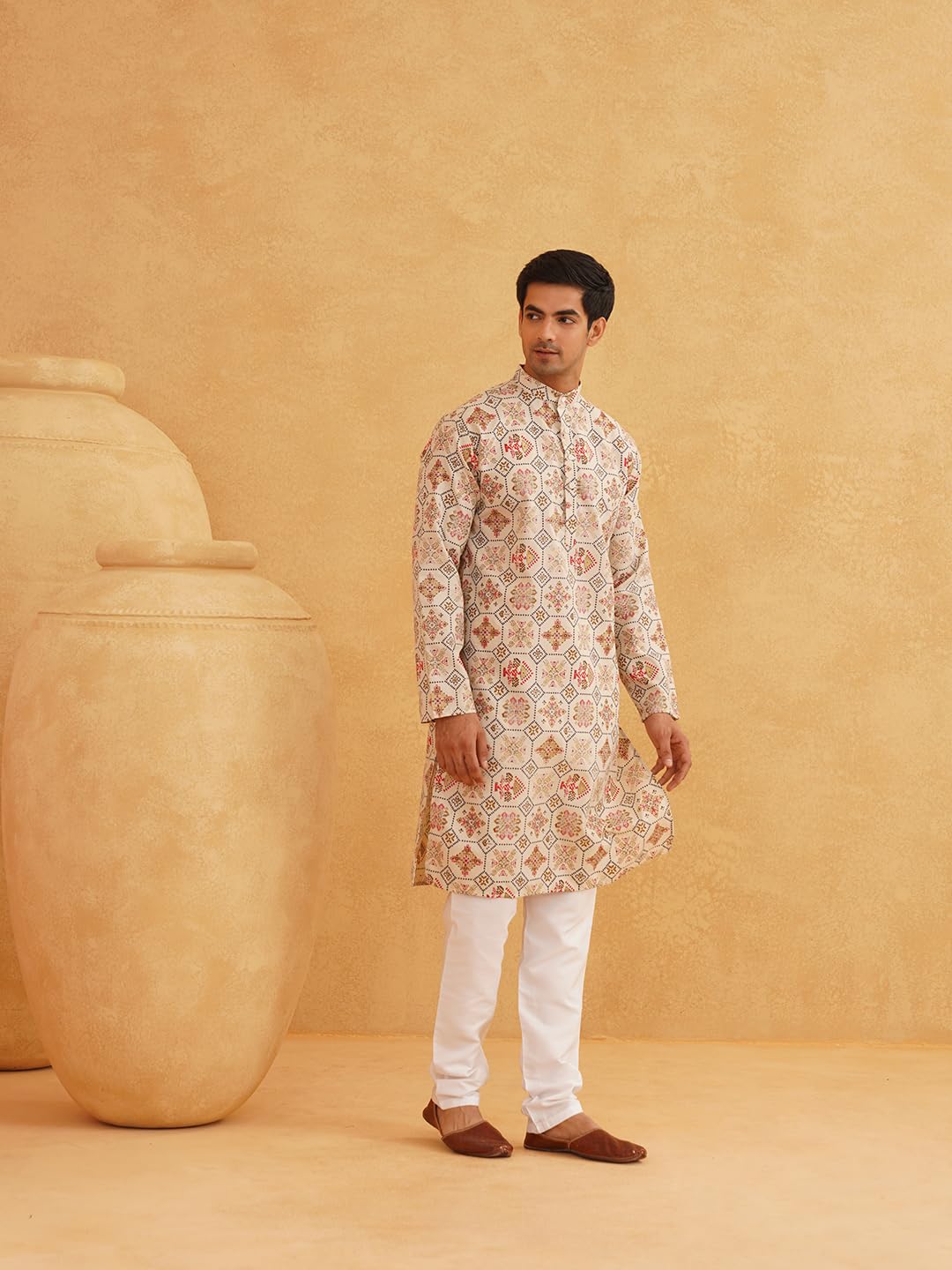 Sojanya (Since 1958 Men's Cotton Linen Cream & Multi Print Kurta & White Churidar Pyjama Set