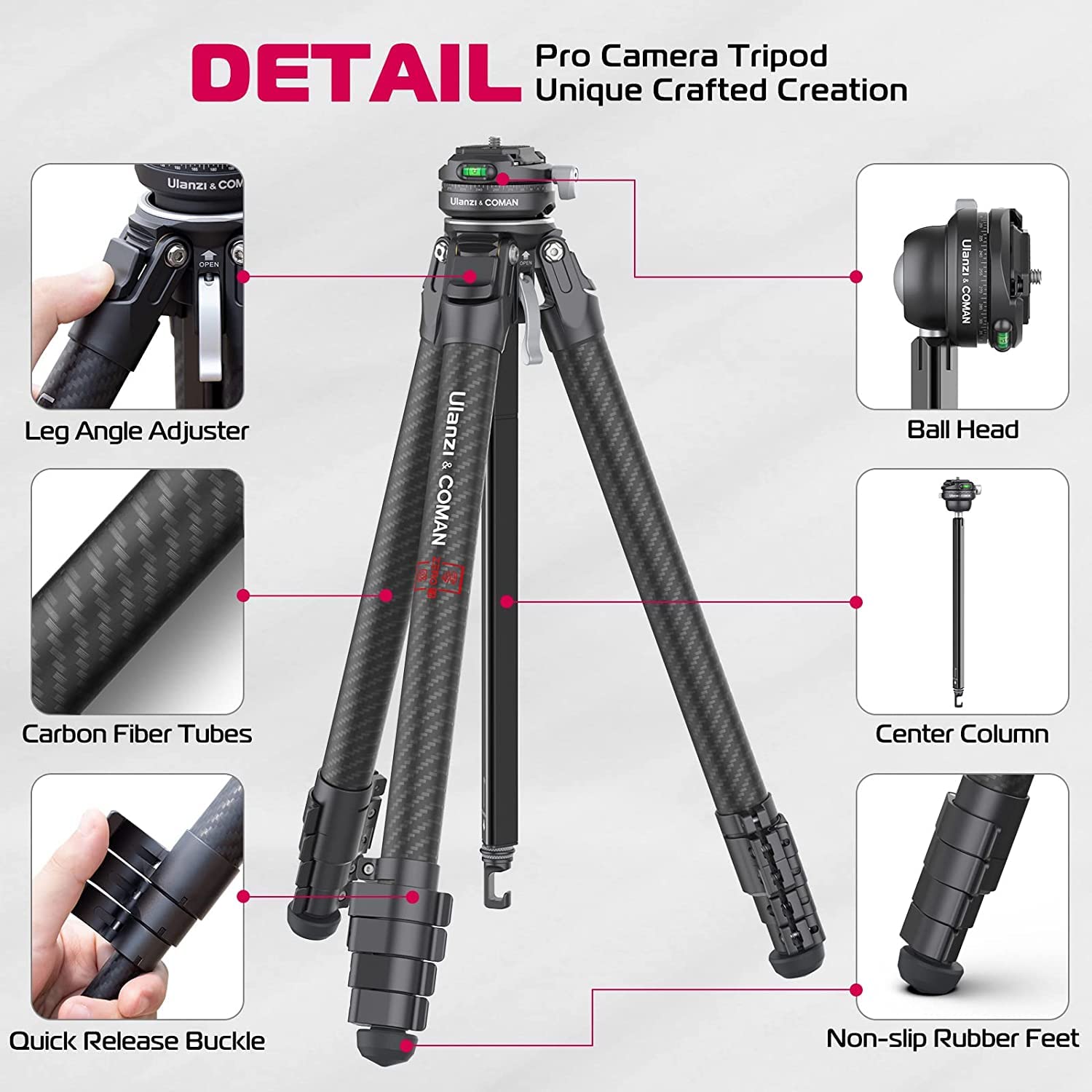 Ulanzi & COMAN Zero F38 Statyw podróżny z włókna węglowego Quick Release | Głowica obrotowa | Długość przechowywania 42 cm | Wysokość 15,3-159 cm | Ładowność 18 kg | + kolumna środkowa