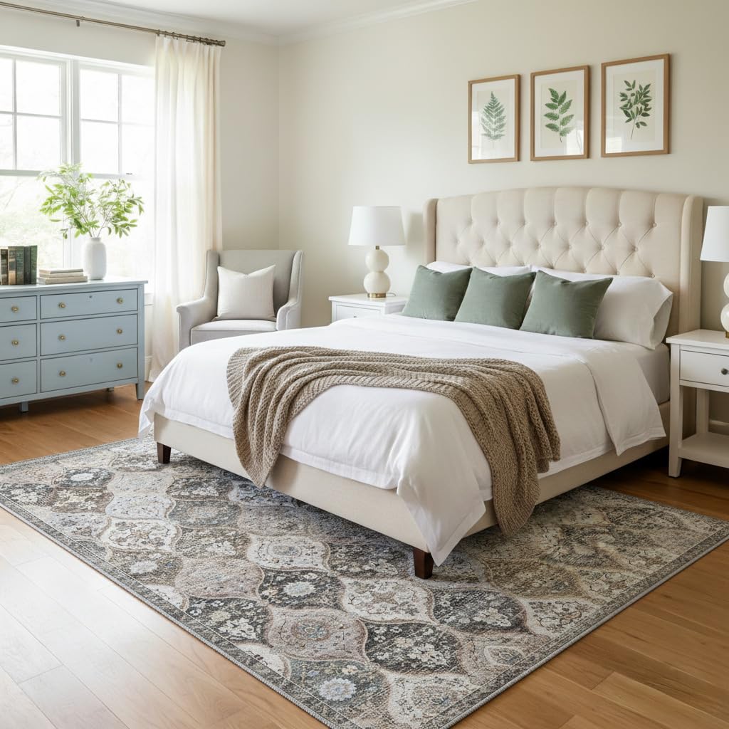 Enkor Tapis boho, lavable, doux, antidérapant, style persan rétro, pour salon, chambre à coucher, cuisine, couloir, gris, 200 x 300 cm