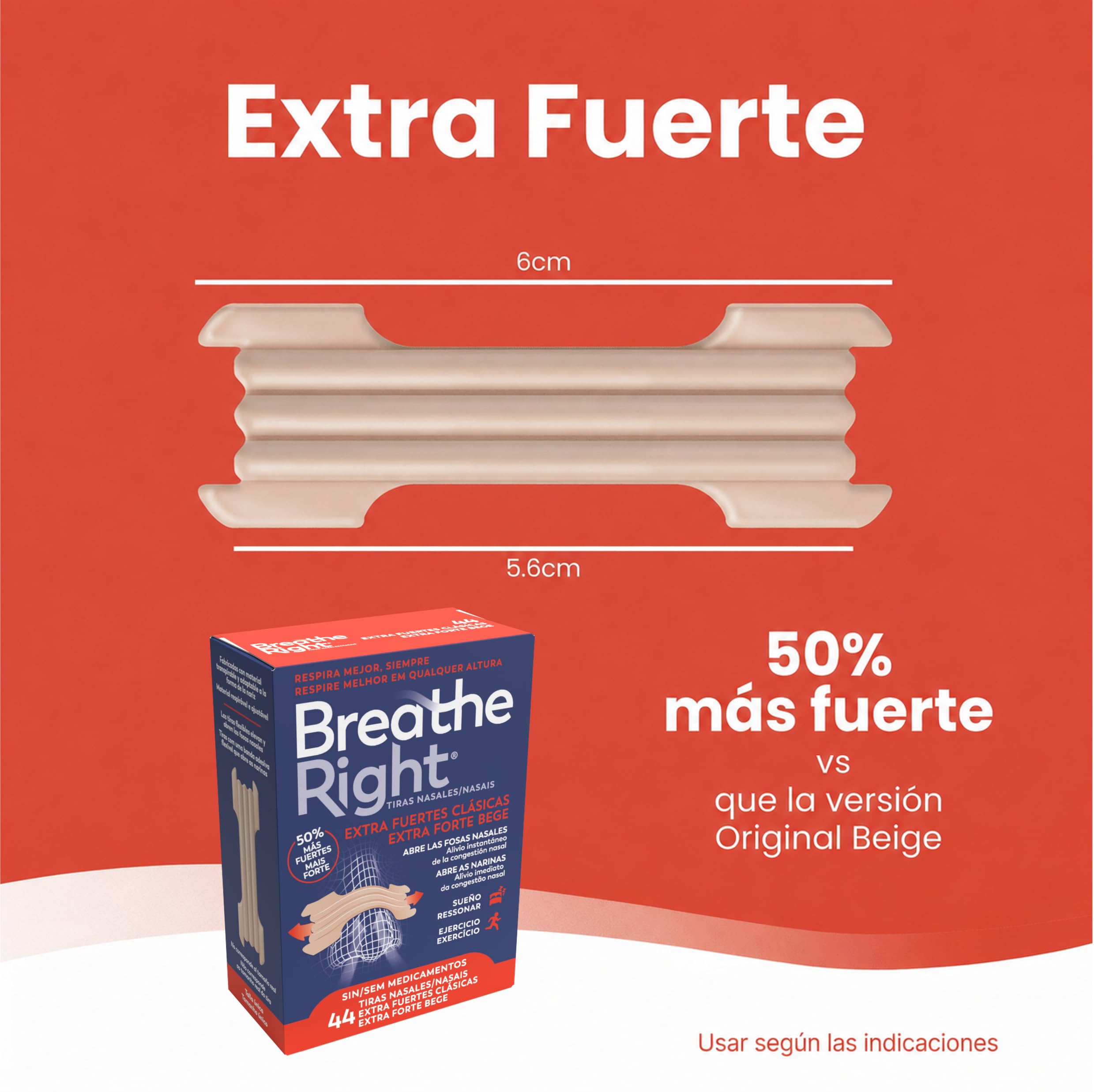 Breathe Right Extra Fuertes - 44 Tiras Nasales | 50% Más Resistentes | Alivio Instantáneo de la Congestión Nasal y Ronquidos | Mejora la Respiración y el Sueño | Ideales para Deporte