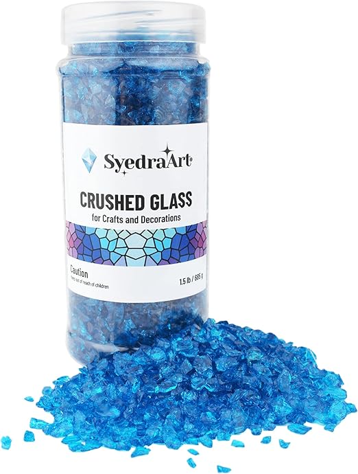 Syedra Crushed Glass for Crafts Broken Glass Pieces,Bar, Garden Decoration 3-6mm, 1.5 Pound Jar (Turquoise)