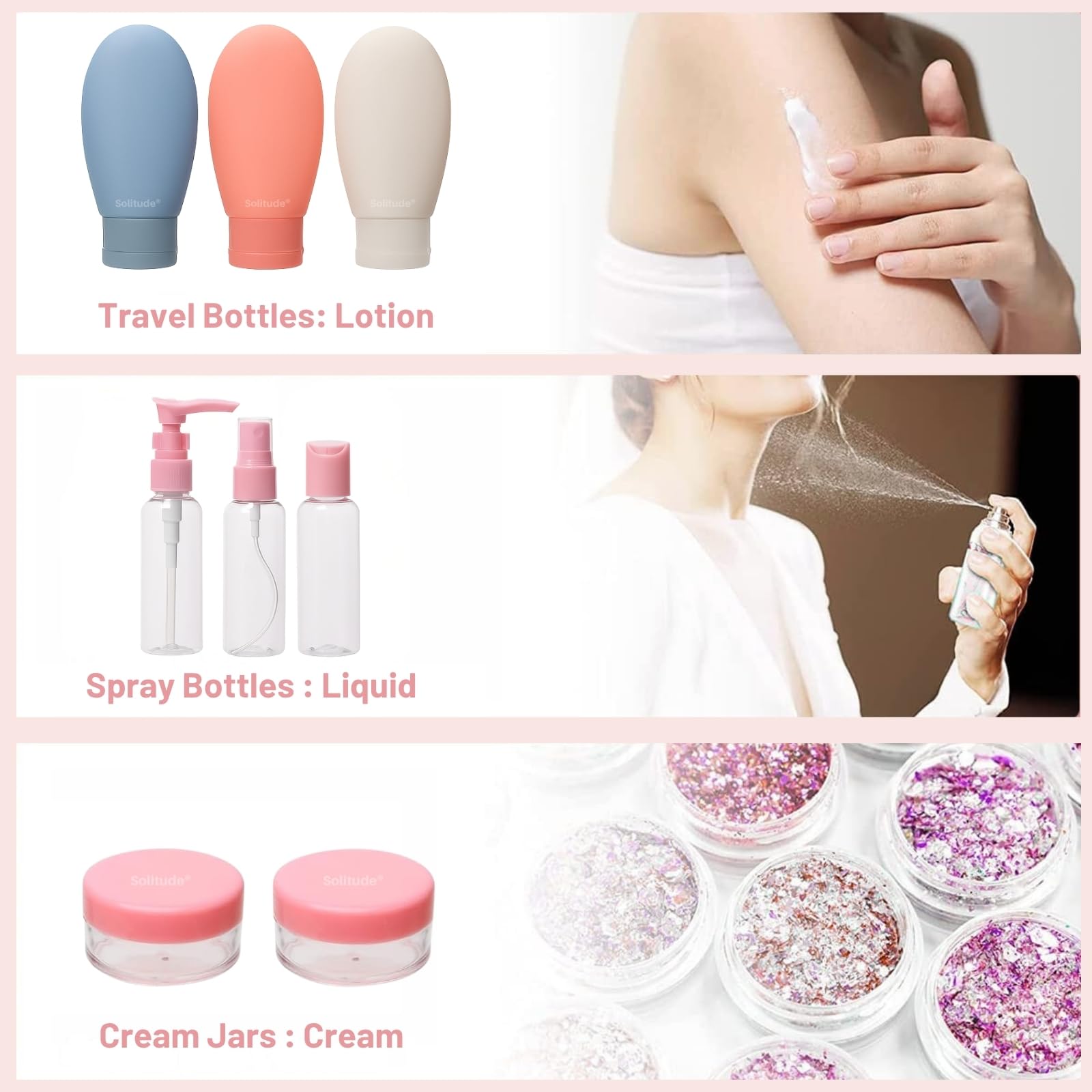 Solitude 11 PCS Travel Bottles Kit for Toiletries Organizer Leak Proof Refillable Squeezable Containers Set with Clear Storage Bag for Lotion Shampoo Conditioner Cosmetic Shower Gel Hand Wash - Image 5 thumbnail