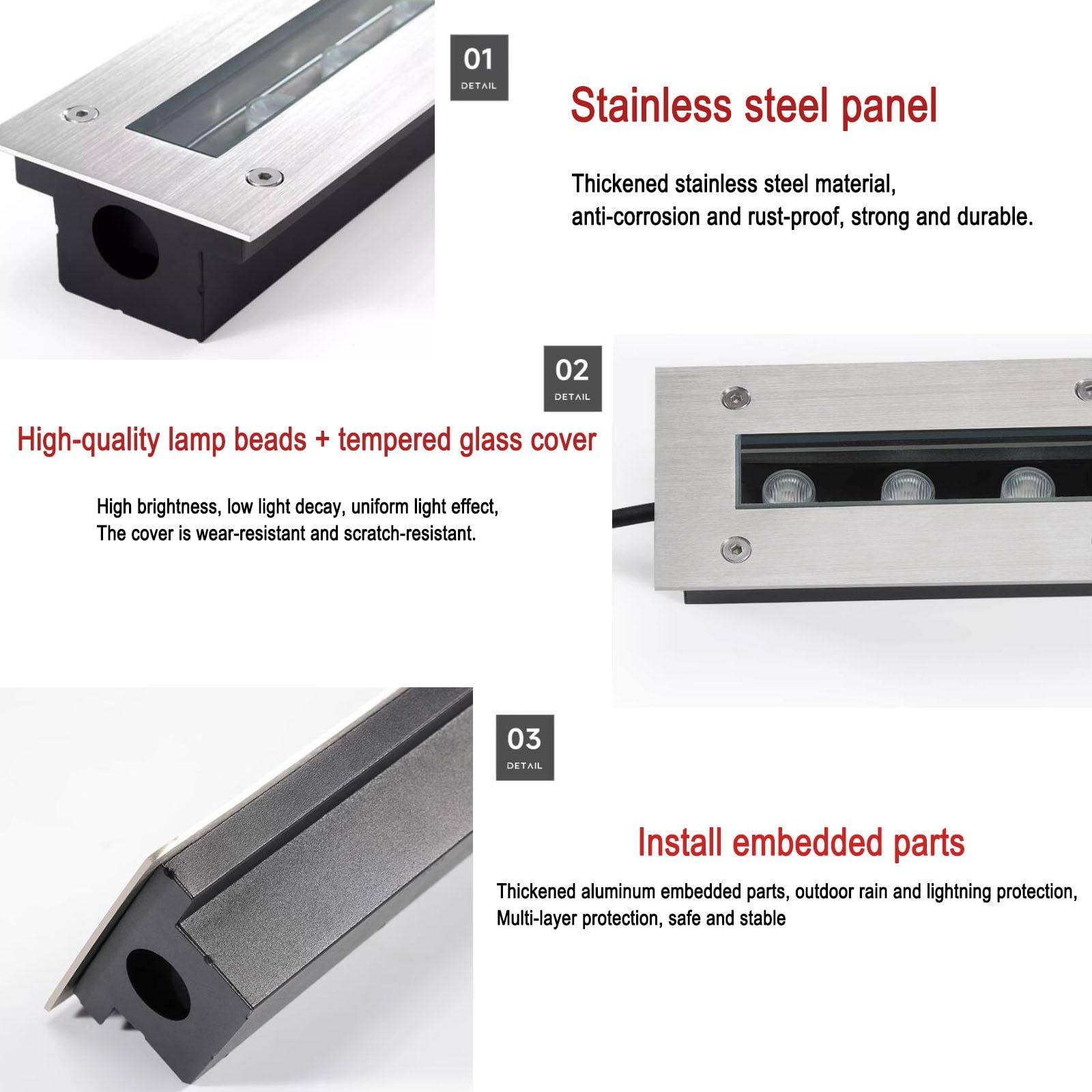 Foco de Exterior Rectangular para Suelo, Luces subterráneas de Tira Larga de 220 V CA, Foco LED para jardín Empotrado a Prueba de Agua IP67, para iluminación de paisajes de césped, terrazas,