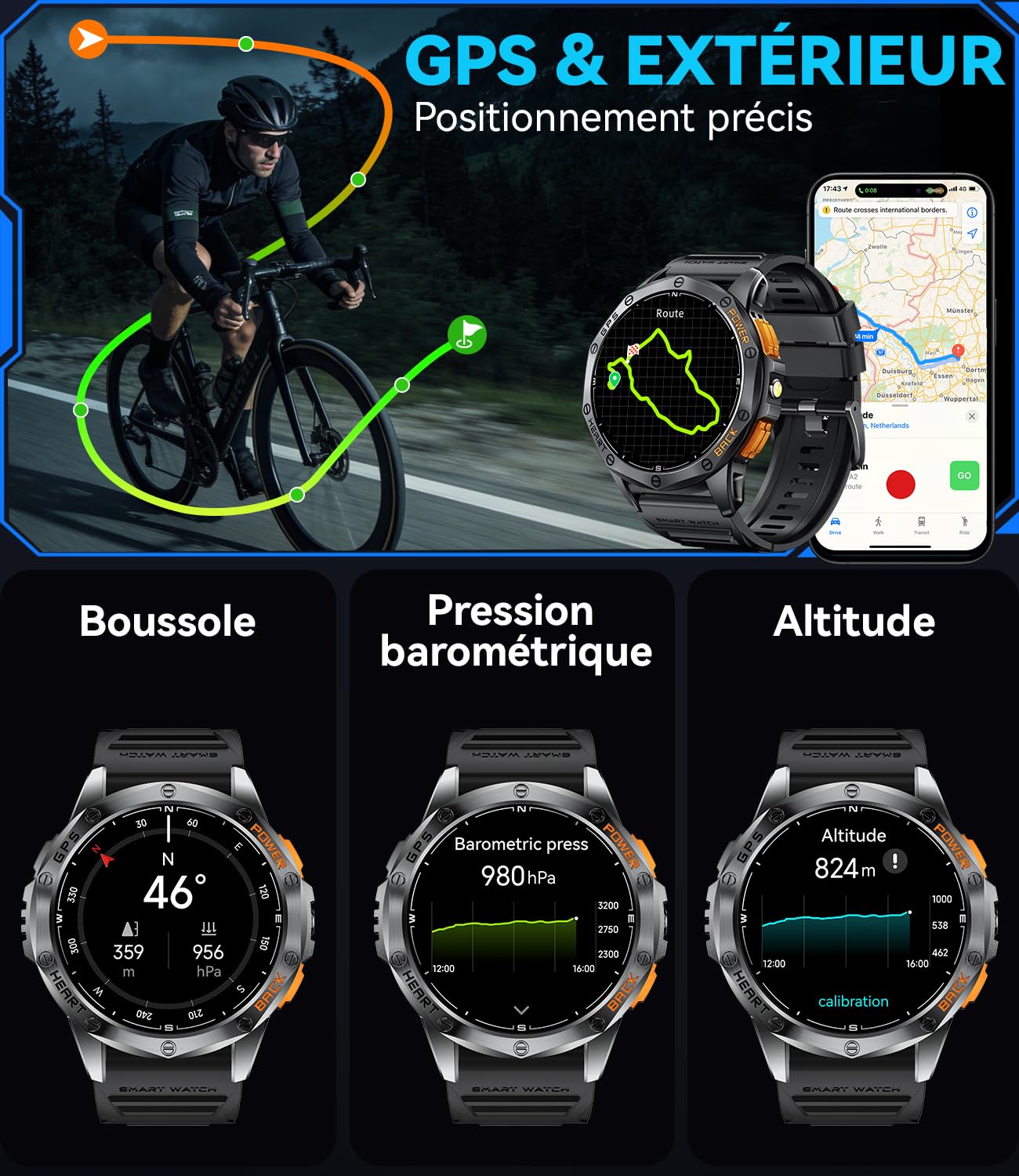 LIGE Montre Connectée Homme GPS avec Boussole/Baromètre, Lampe Torche, Écran AMOLED 1,43", Batterie 600mAh, 5ATM, Appels Bluetooth, Suivi Santé pour Android et iOS, DM1-I
