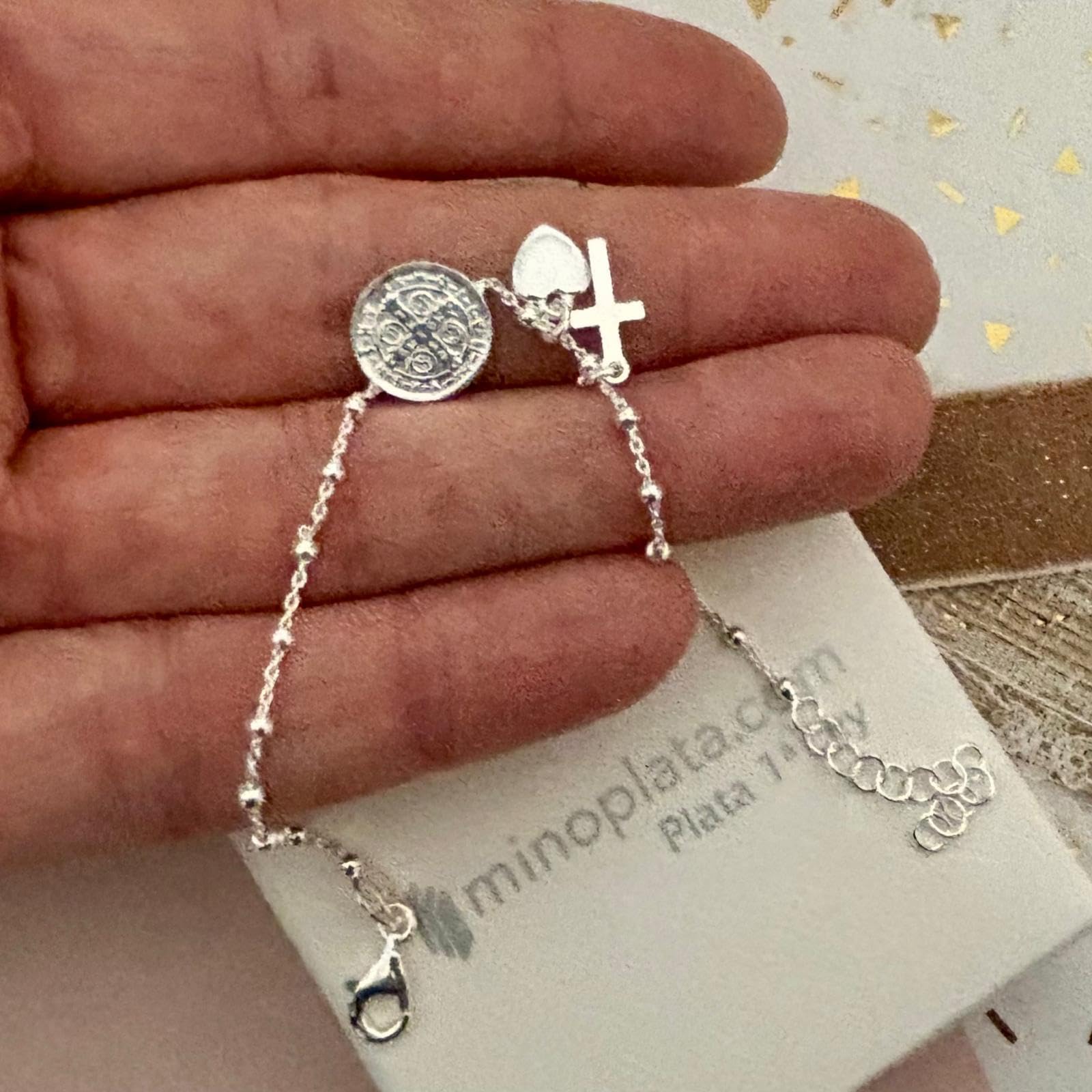 Pulsera Religiosa de Plata 925, Medalla Virgen Milagrosa con Cruz San Benito y Corazón, 16.5cm + 2.5cm Extensible, Bolitas de 2mm, Estilo Espiritual