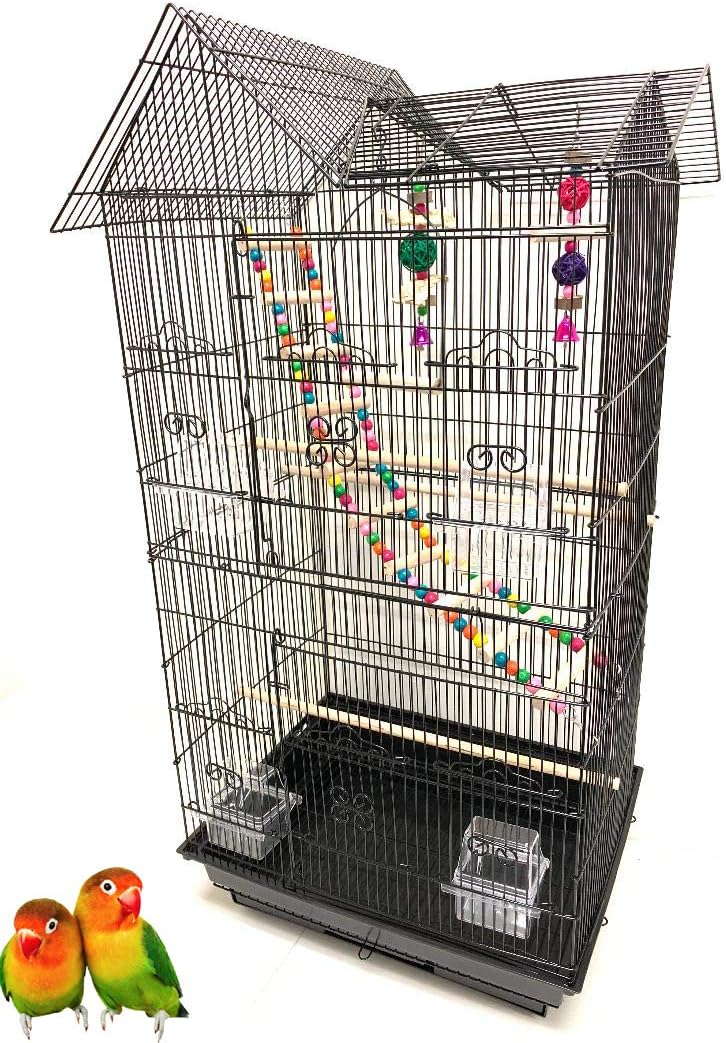 37-Inch Portable Double Roof Top Hanging Flight Bird Cage with Playing Toys for Small Parrot Cockatiel Sun Quaker Parakeet Green Cheek Conure Parrotlet Finch Canary Budgie Lovebird Travel Bird Cage