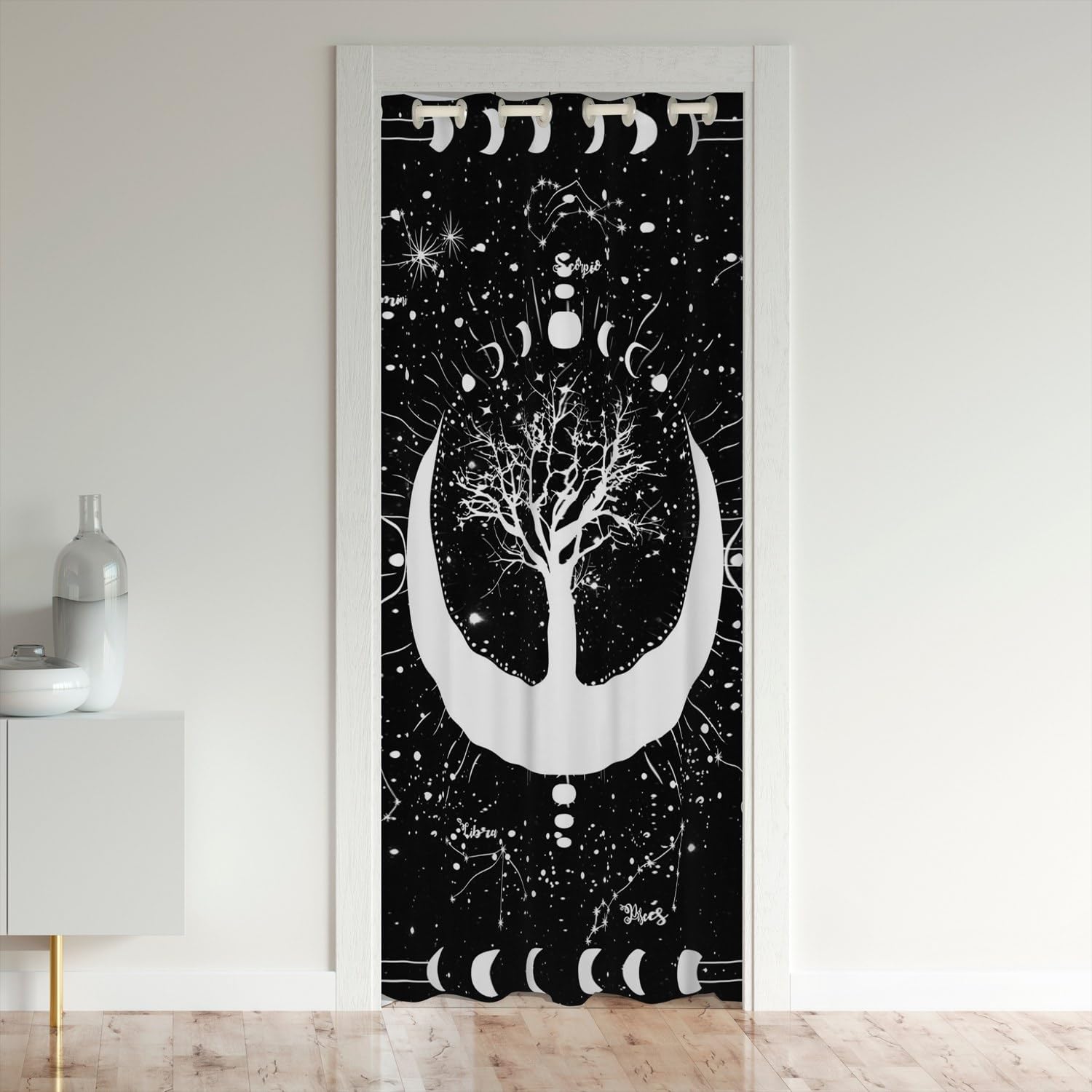 richhome Böhmische Tür Vorhang für Jugend Erwachsene, Star Moon Bäume Blackout Vorhang 86x203, Schwarz Sternenhimmel Schrank