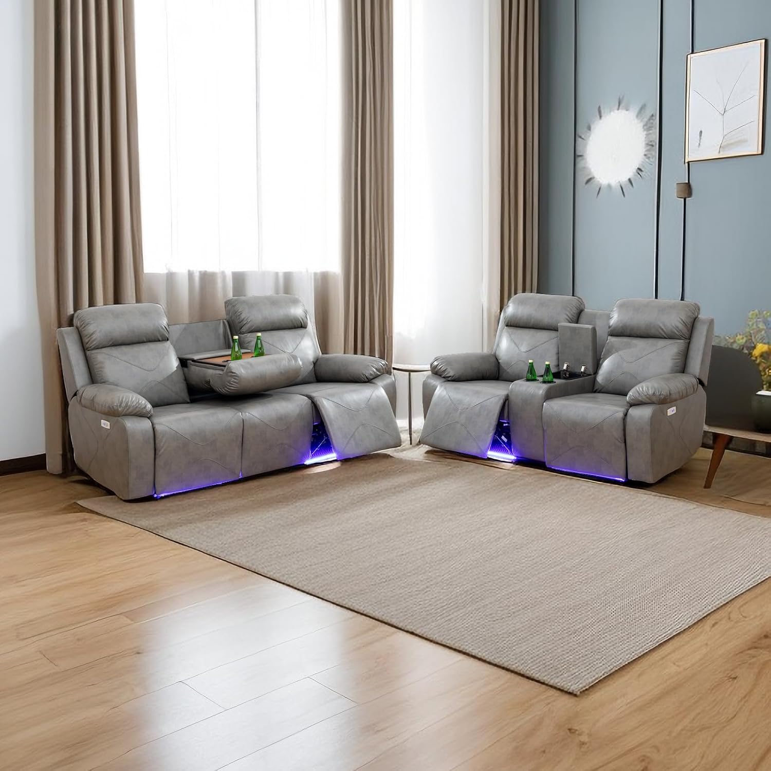 A Ainehome Power Leather Recliner Sofa Set, 2 Pieces Living Room Furniture Sets with LED Lights, Grey Reclining Couch Sets with USB Port for House/Office/Rv(A-Grey, Sofa+Loveseat)